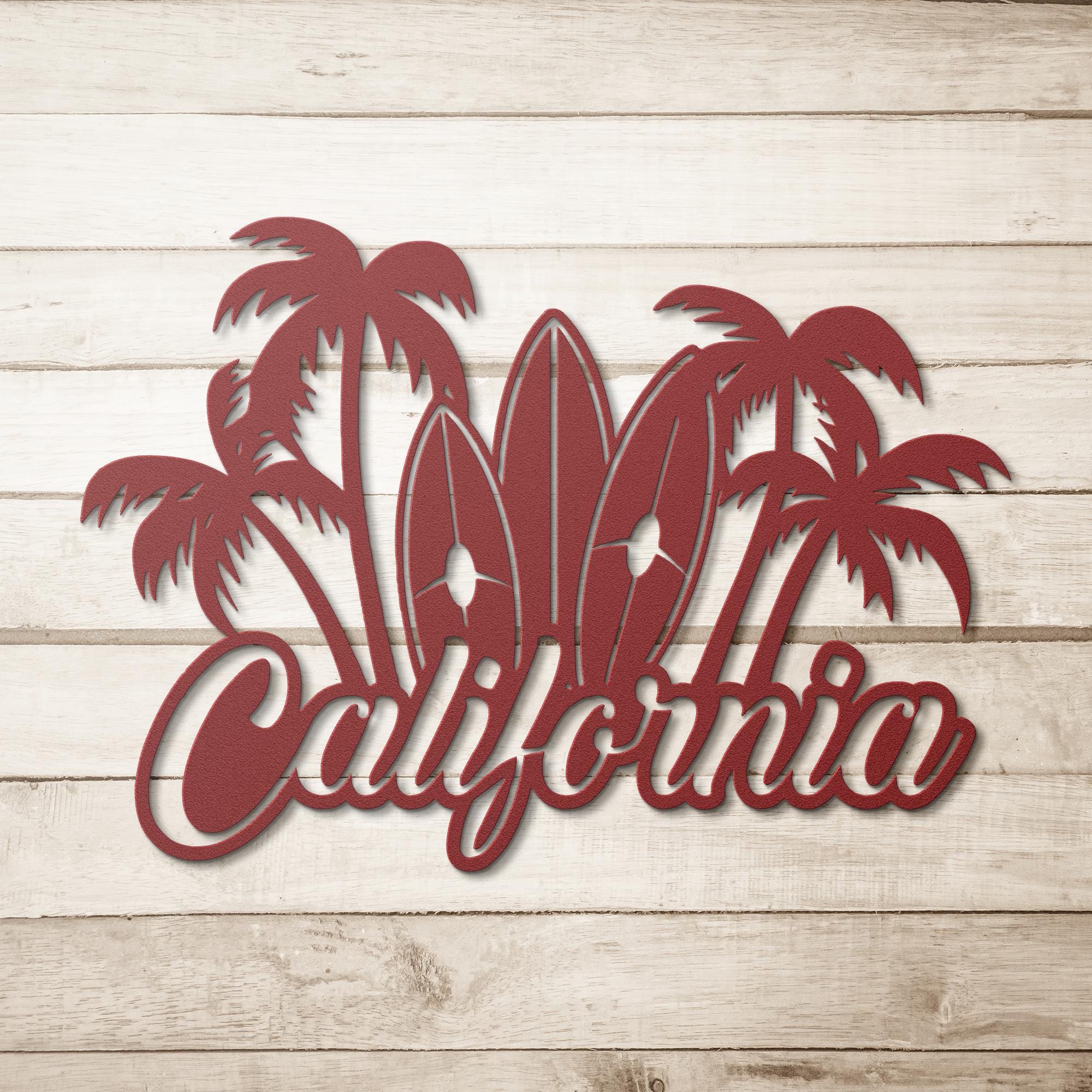 California Metal Sign, Surfboard Palm Tree Coastal Wall Decor