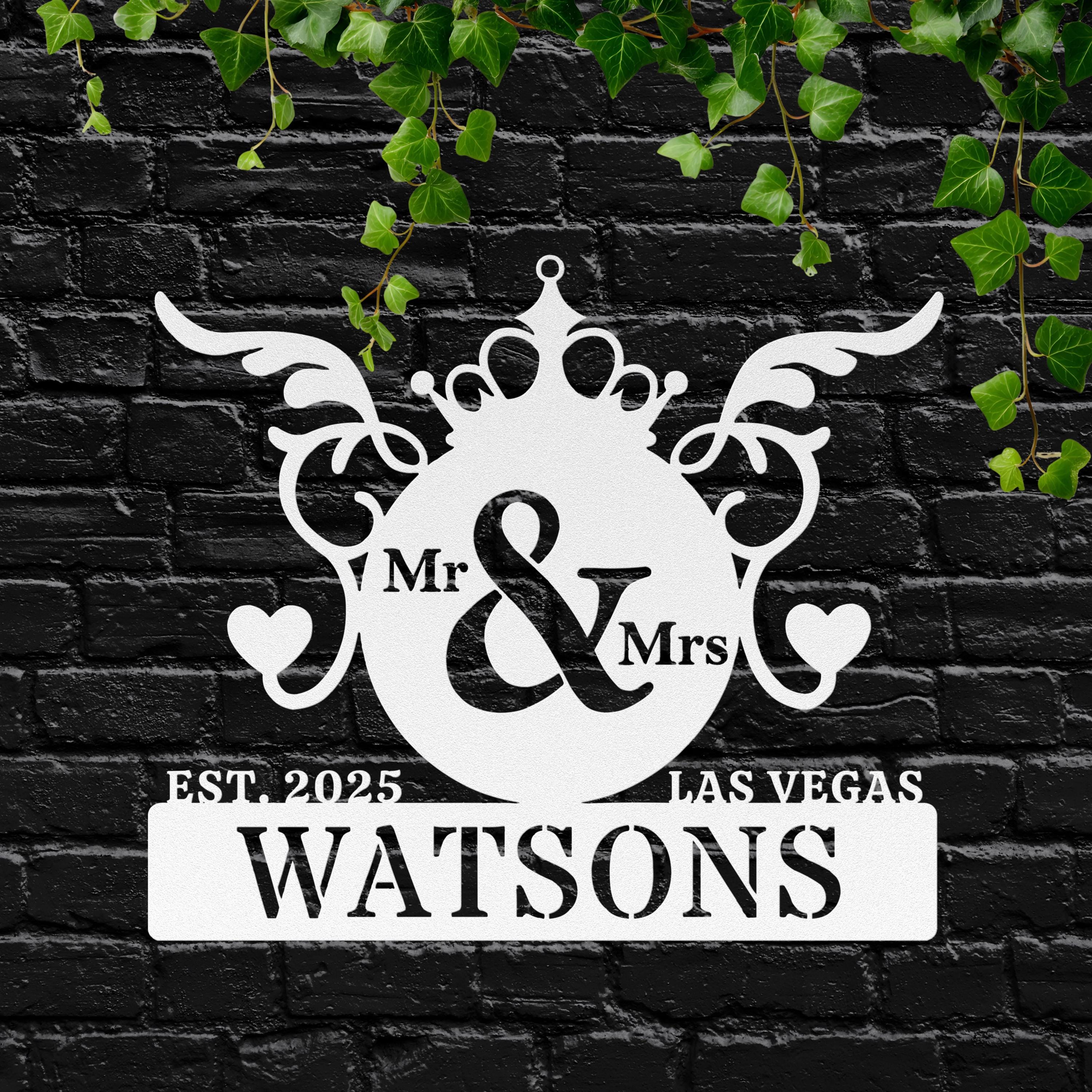 Personalized Wedding Sign, Mr & Mrs Monogram, Custom Last Name Metal Art, Crown Heart Die Cut
