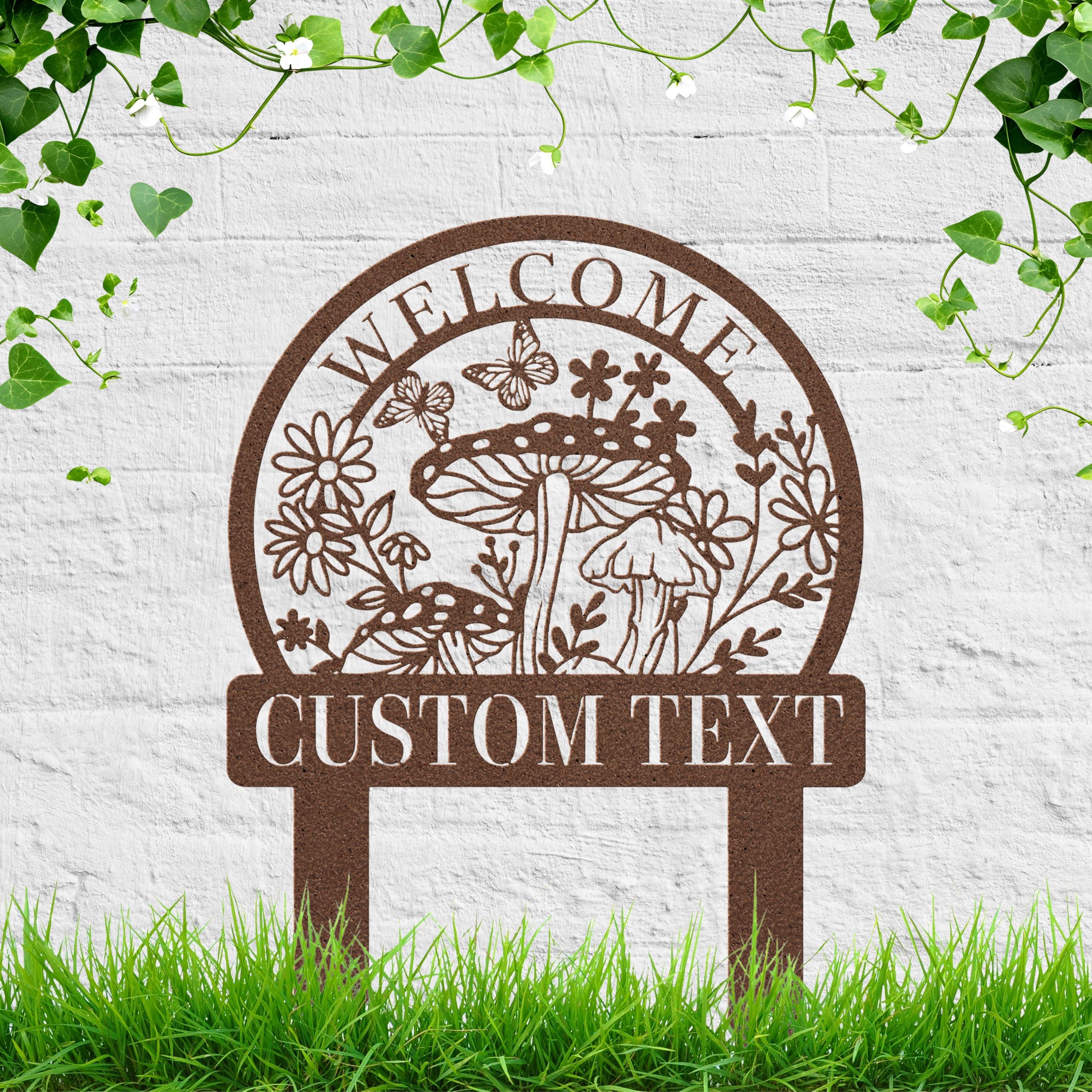 Personalized Welcome Mushroom Metal Sign, Butterfly Garden Stake, Custom Outdoor Gift