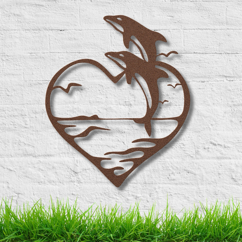 Dolphins in Heart Metal Wall Art: Romantic Ocean Decor