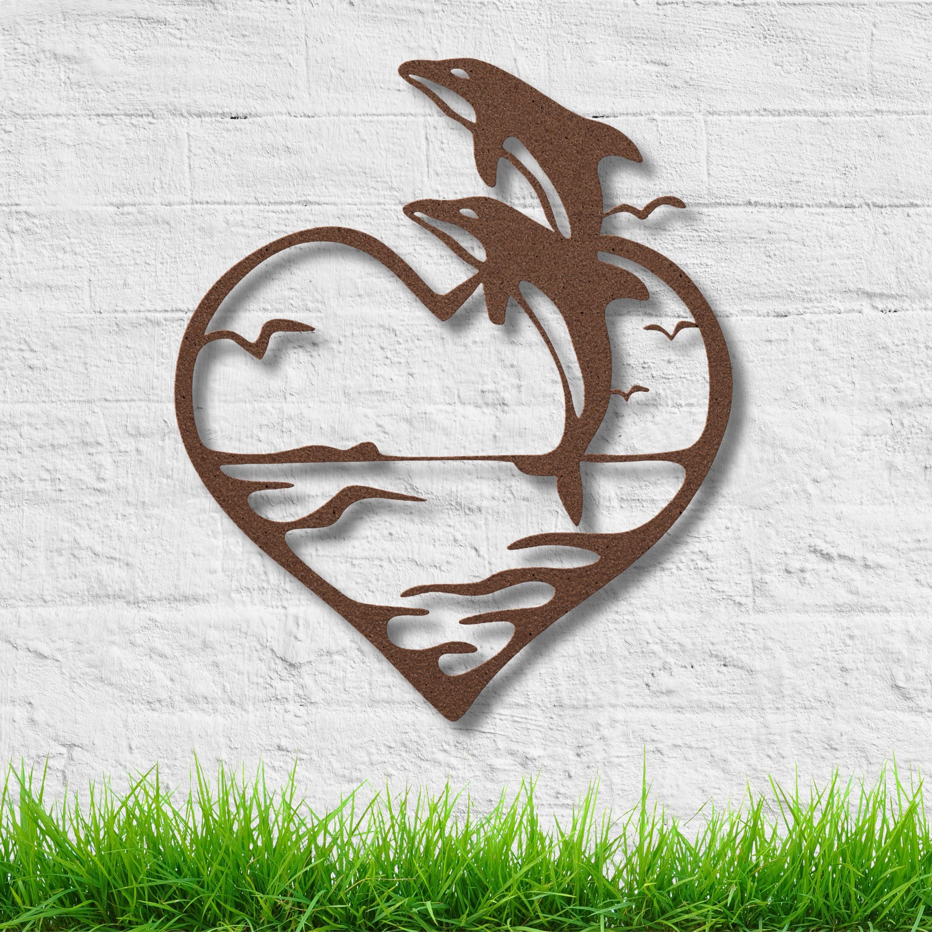 Dolphins in Heart Metal Wall Art: Romantic Ocean Decor