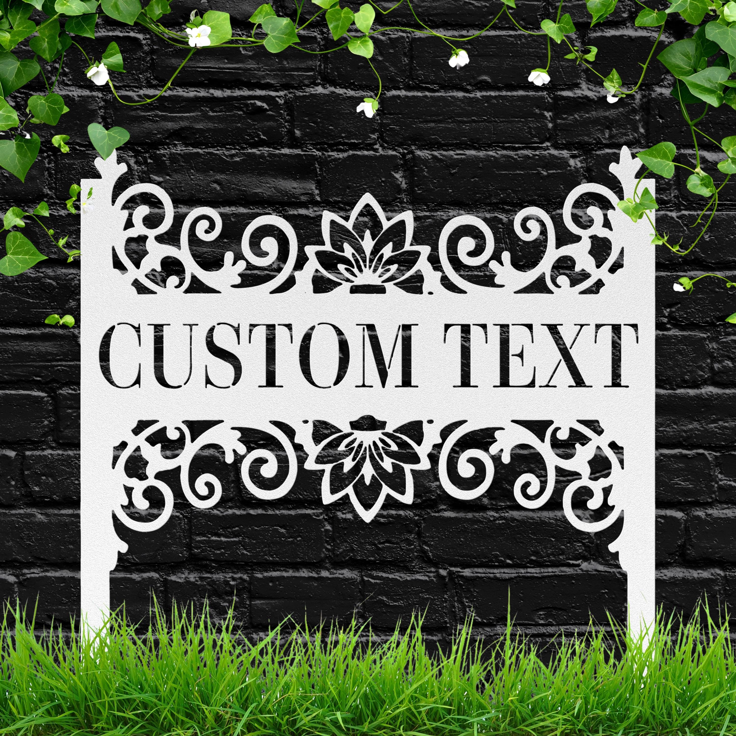 Elegant Scrollwork Metal Garden Stake, Personalized Die-Cut Floral Custom Text Sign, Decorative Plant Marker, Monogram Gift