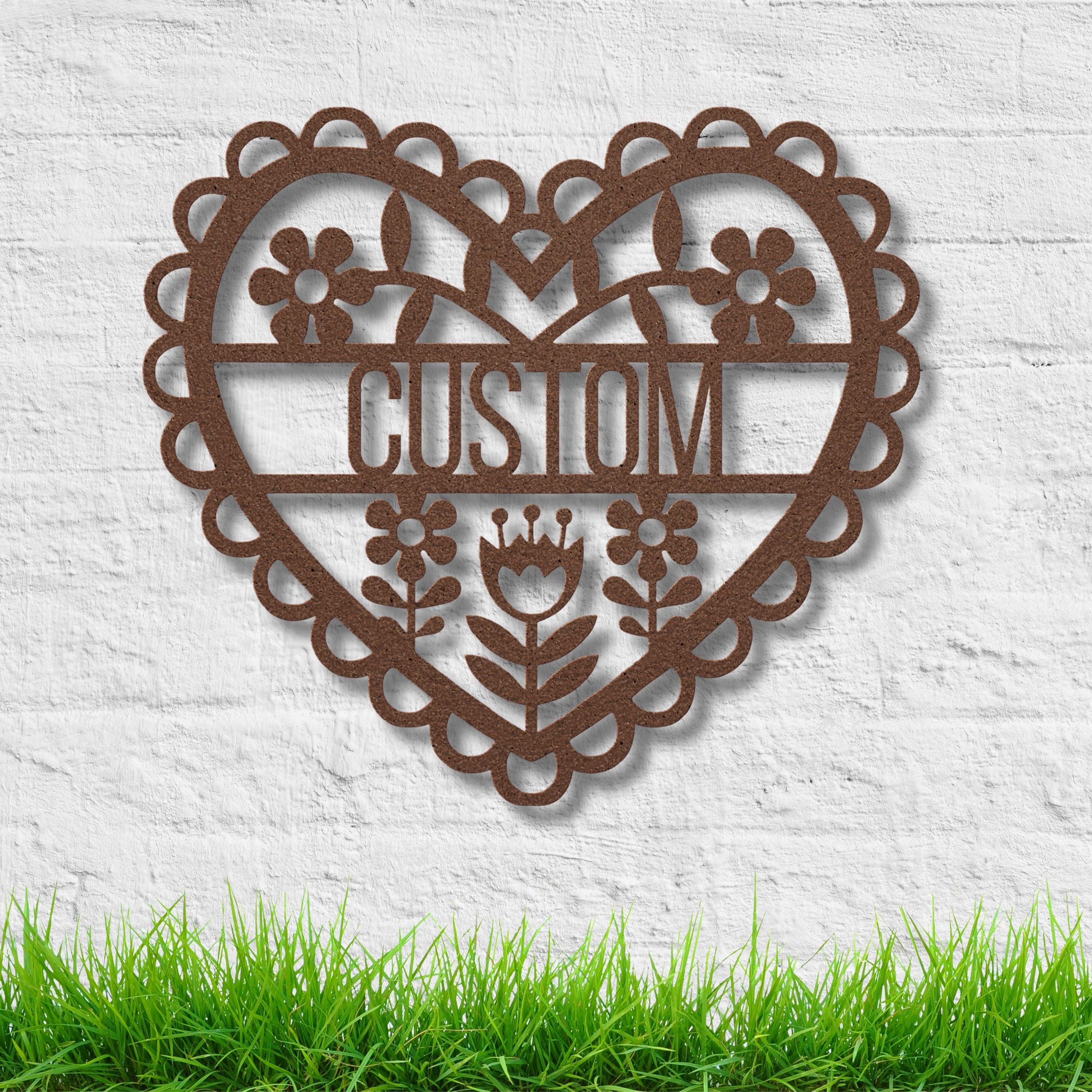 Custom Folk Art Heart Sign | Personalized Floral Metal Art | Die-Cut Scallop Decor | Scandinavian Style Wall Hanging