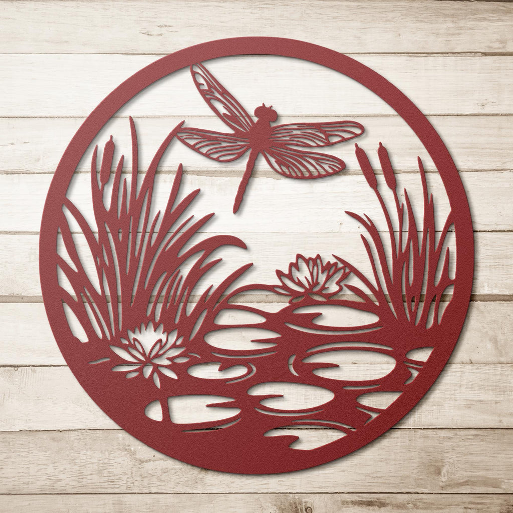 Dragonfly Metal Wall Art, Pond Scene Sign, Lily Pad and Cattail Decor, Nature Inspired Die Cut, Insect Garden Gift