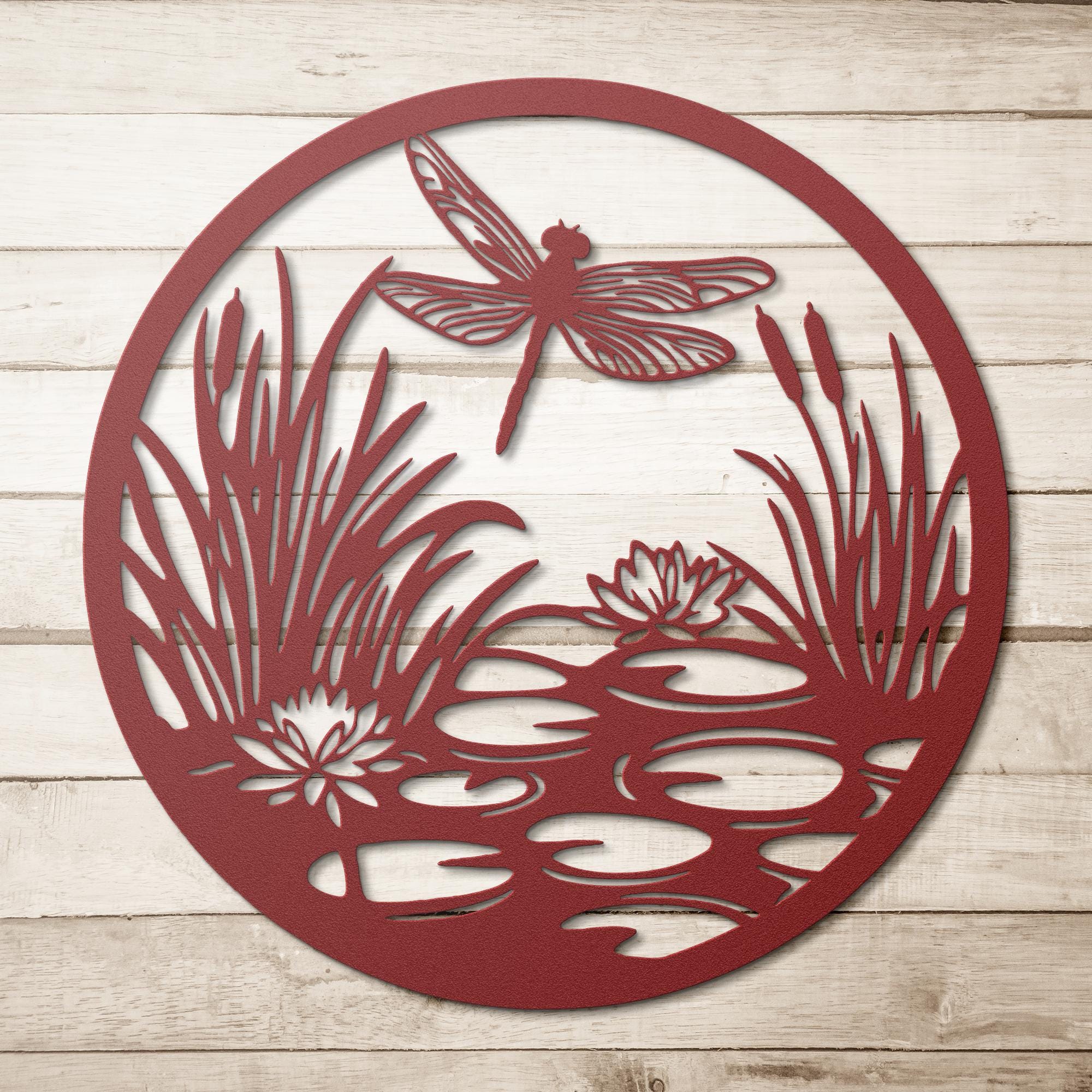 Dragonfly Metal Wall Art, Pond Scene Sign, Lily Pad and Cattail Decor, Nature Inspired Die Cut, Insect Garden Gift