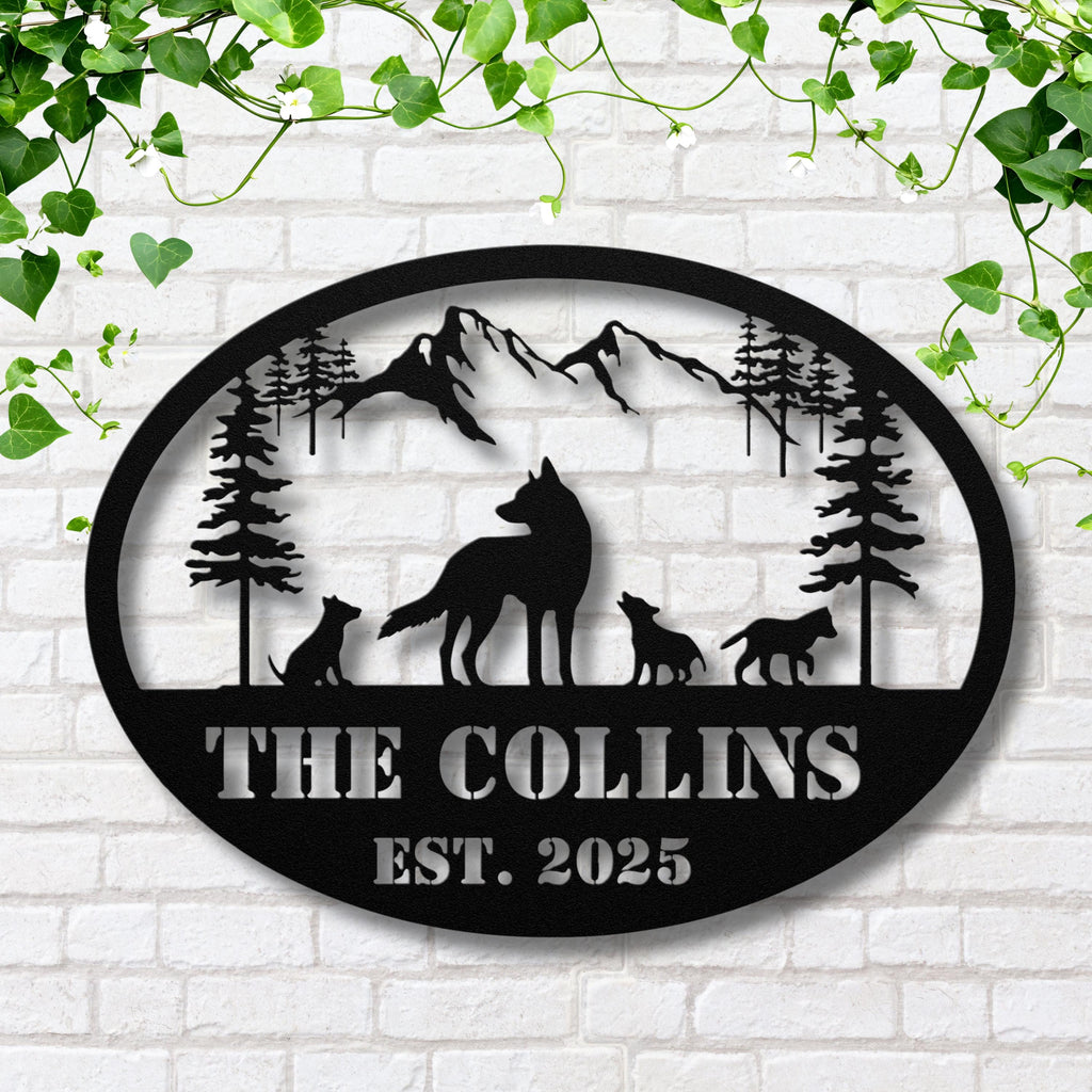 Personalized Wolf Sign | Custom Metal Sign With Wolf Pack Silhouette & Mountain Wall Art