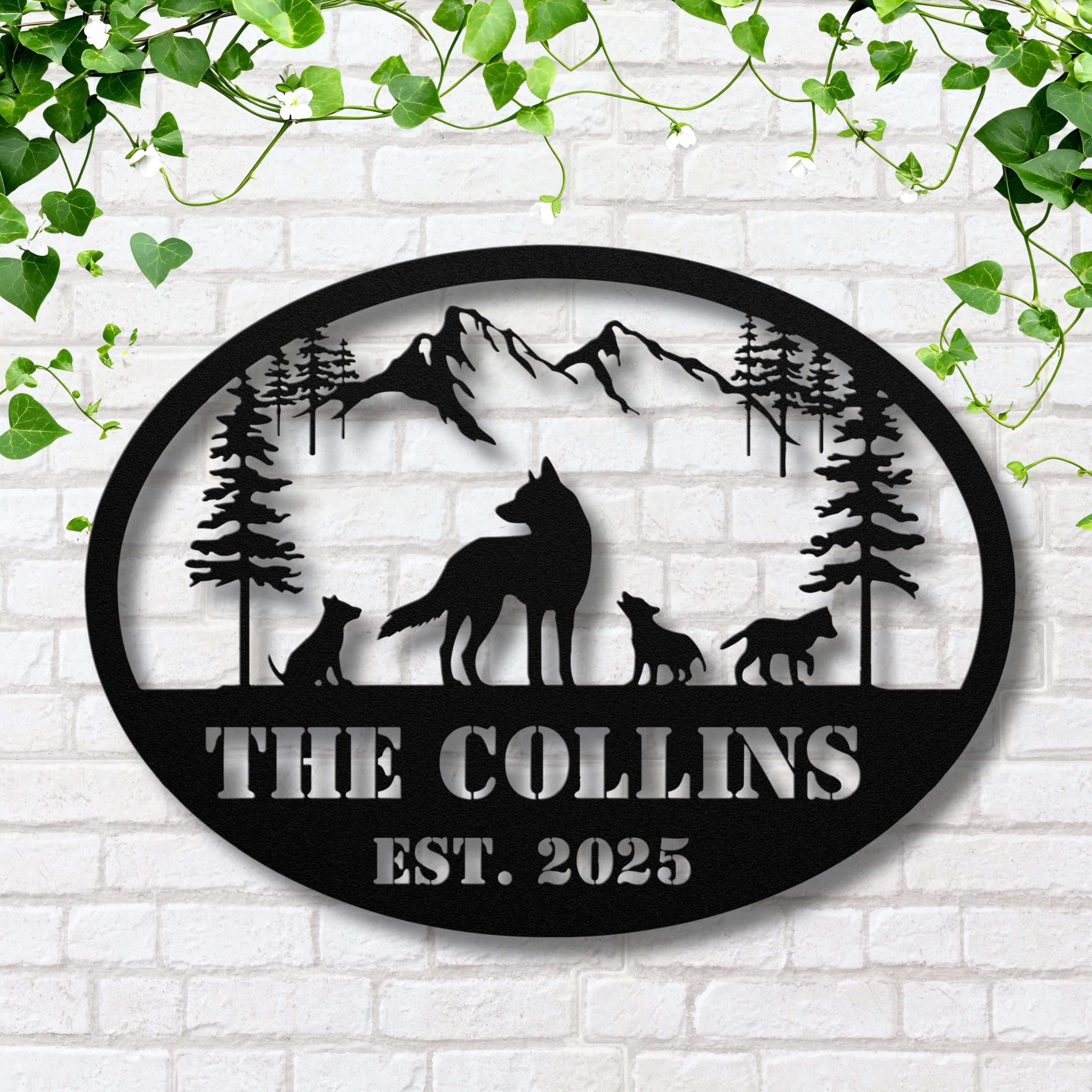 Personalized Wolf Sign | Custom Metal Sign With Wolf Pack Silhouette & Mountain Wall Art