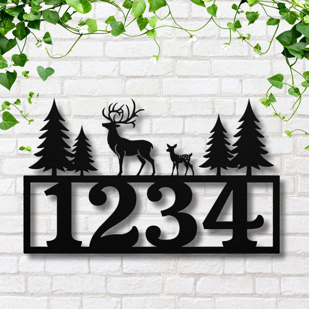 Deer and Forest Address Sign | Personalized House Number Plaque | Rustic Cabin Decor | Wildlife Metal Art | Nature Lover Gift