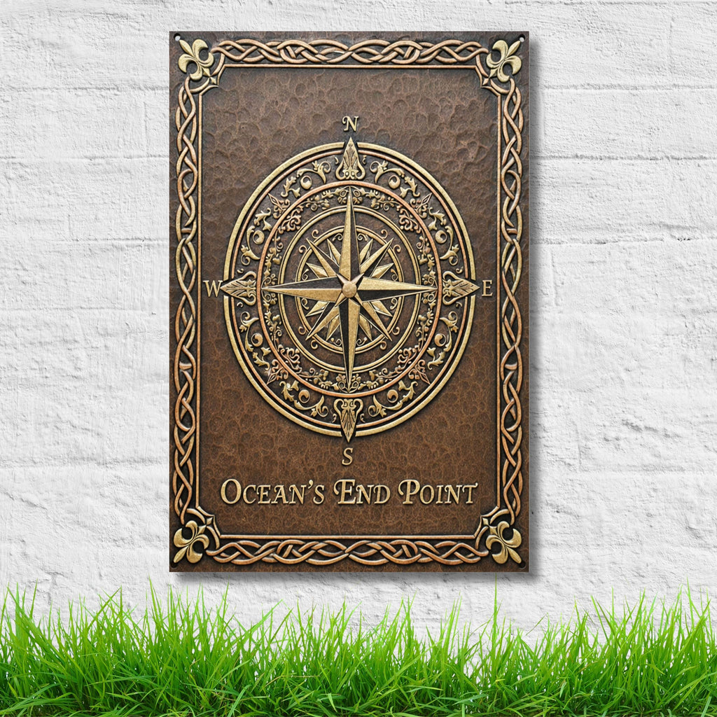 Custom Compass Rose Metal Sign, Personalized Nautical Wall Art, Ocean's End Point Decor