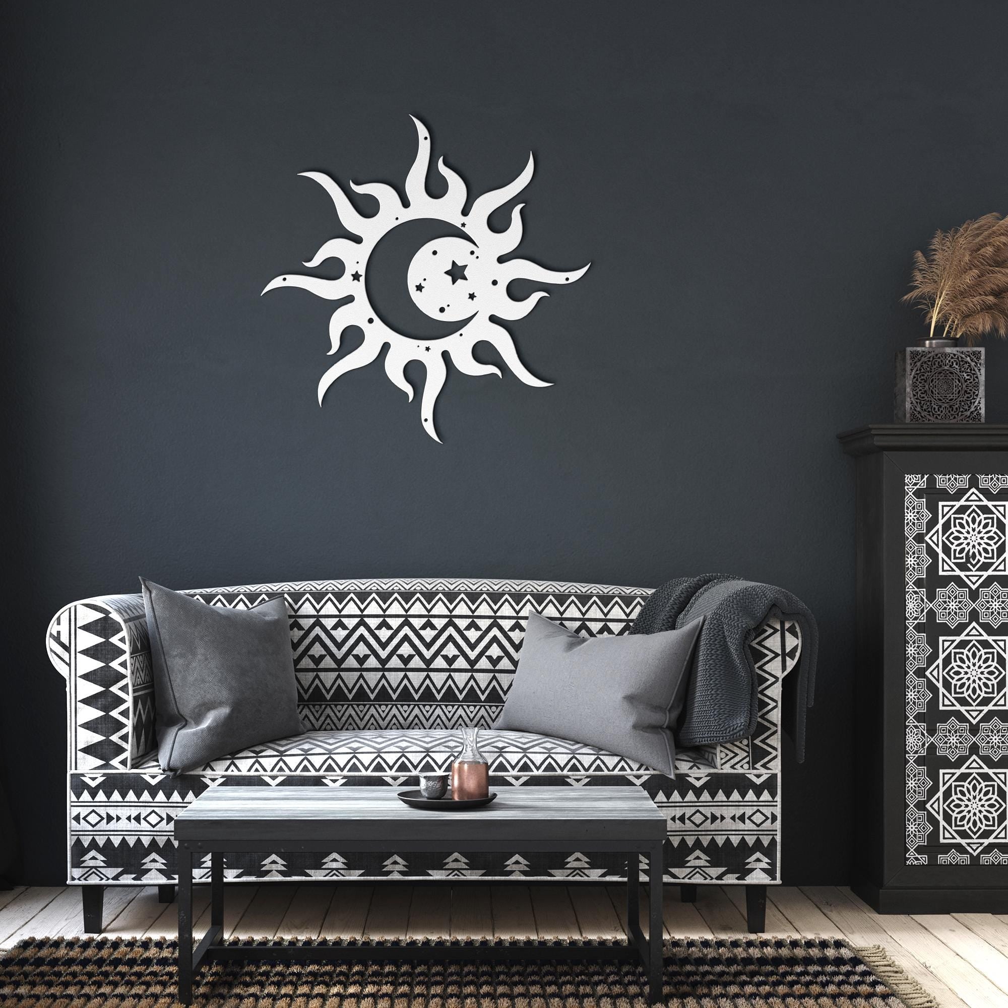 Sun Moon Metal Art – Celestial Wall Decor | Bohemian Metal Sign, Starry Sky Gift