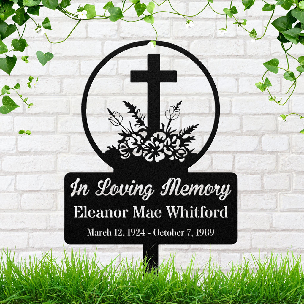 Personalized Cross Grave Marker, Flower Memorial Stake, Custom Remembrance Yard Sign
