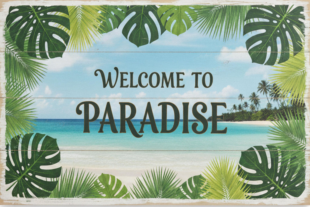 Welcome To Paradise Sign – Coastal Metal Beach House Decor With Tropical Palm Leaf Art