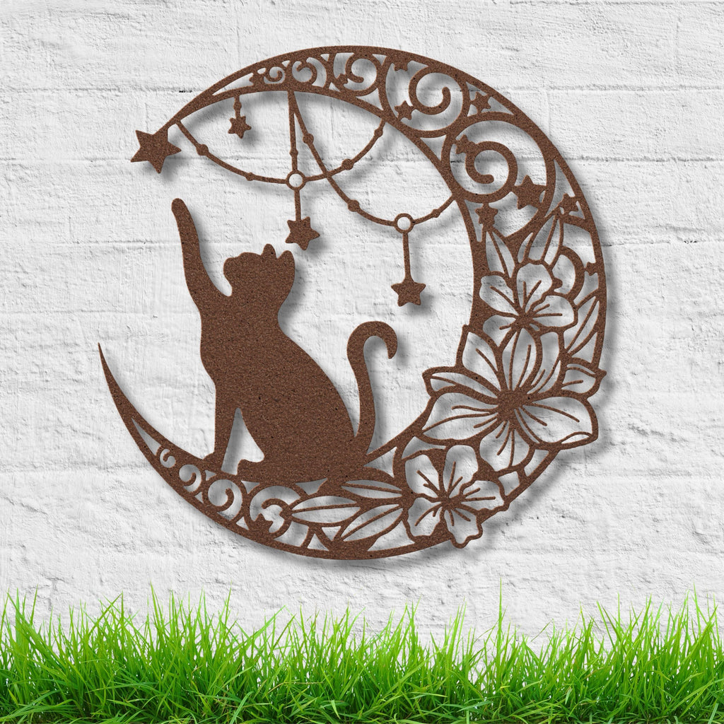 Black Cat Wall Art - Celestial Metal Decor | Crescent Moon Sign With Flower Star Design