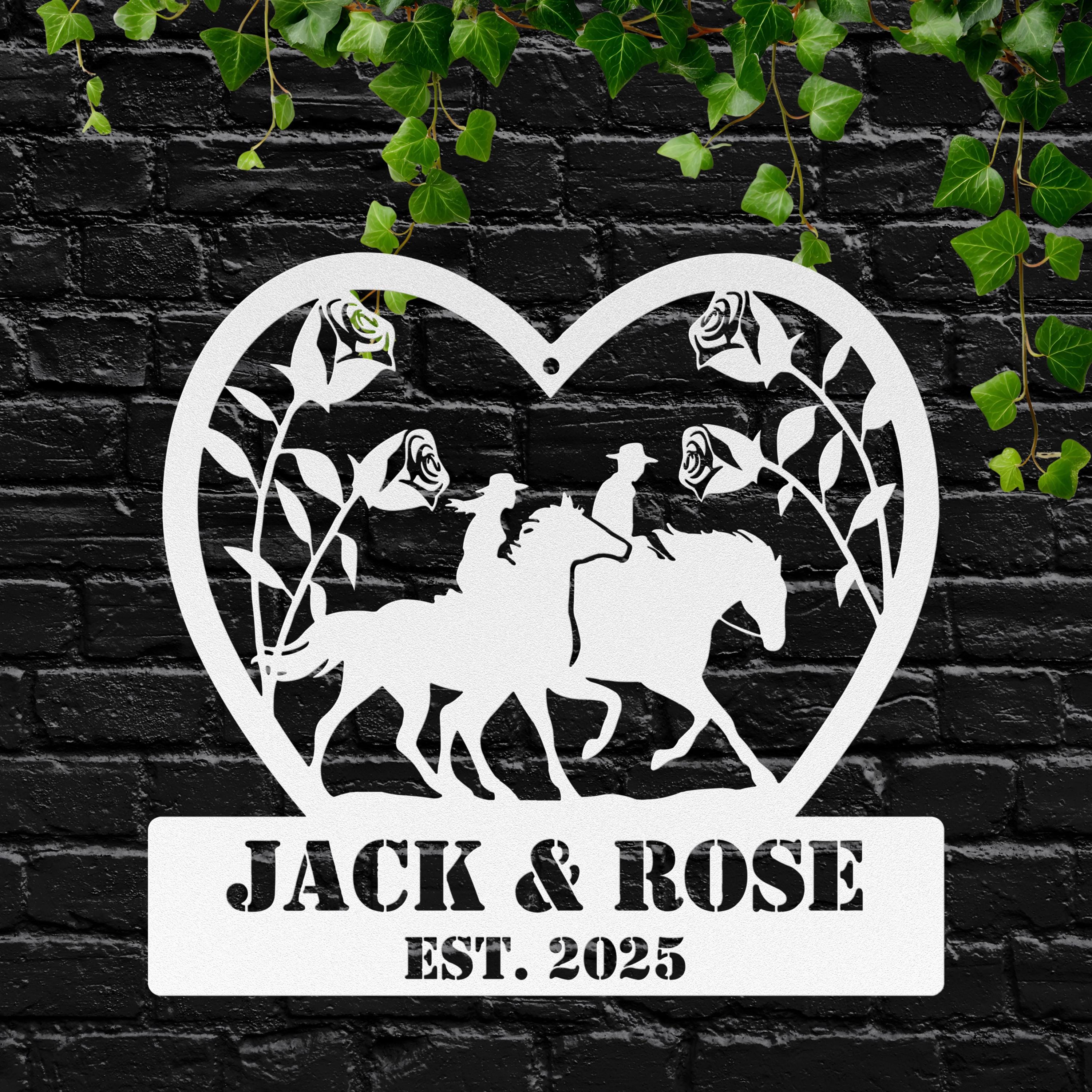 Custom Horse Couple Metal Sign | Personalized Wedding Gift | Heart Roses Equestrian Art | Anniversary Ranch Die-Cut