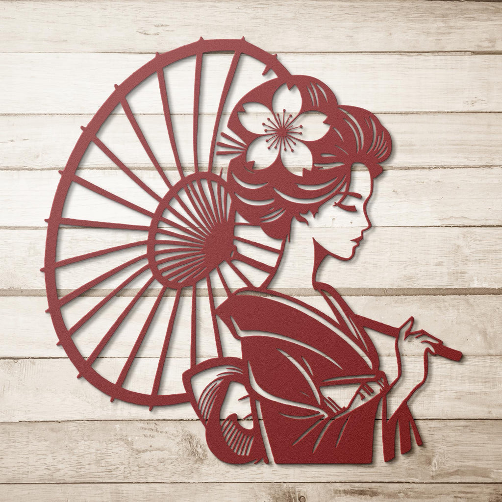 Geisha Metal Die-Cut Sign | Japanese Wall Art | Woman with Umbrella Silhouette | Elegant Asian Home Decor | Laser Cut Art