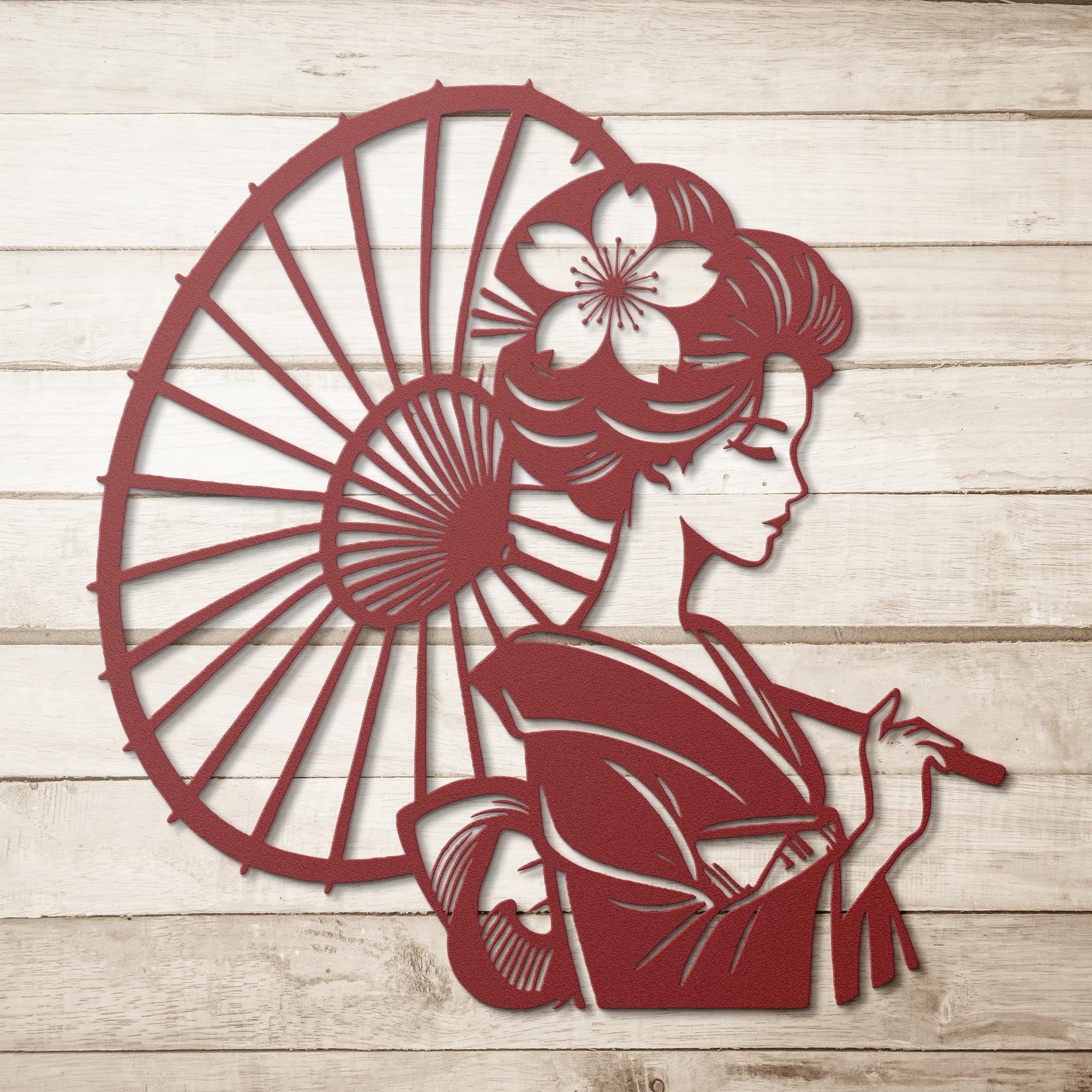 Geisha Metal Die-Cut Sign | Japanese Wall Art | Woman with Umbrella Silhouette | Elegant Asian Home Decor | Laser Cut Art