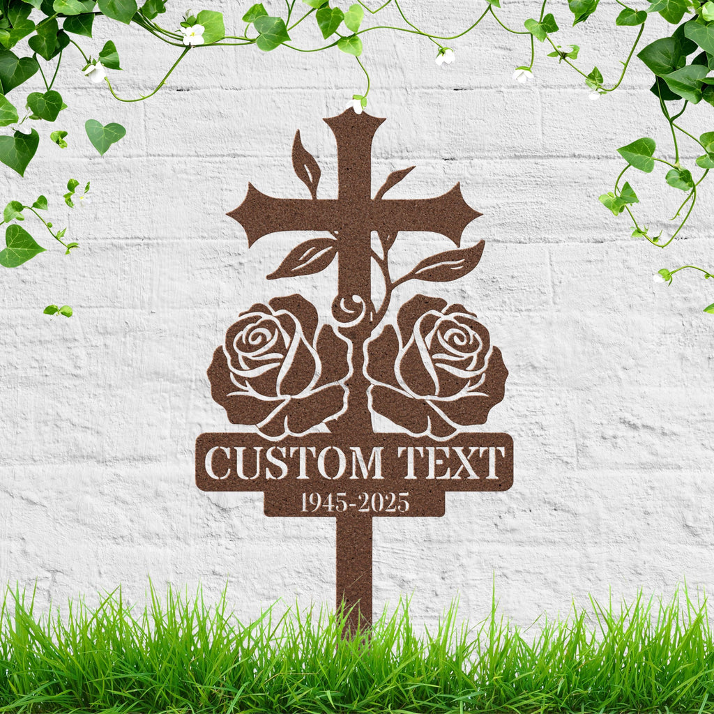 Rose Cross Memorial Grave Marker, Personalized Sympathy Gift, Custom Text Remembrance Garden Stake Plaque
