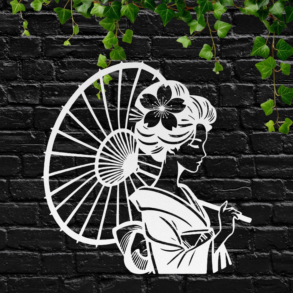 Geisha Metal Die-Cut Sign | Japanese Wall Art | Woman with Umbrella Silhouette | Elegant Asian Home Decor | Laser Cut Art
