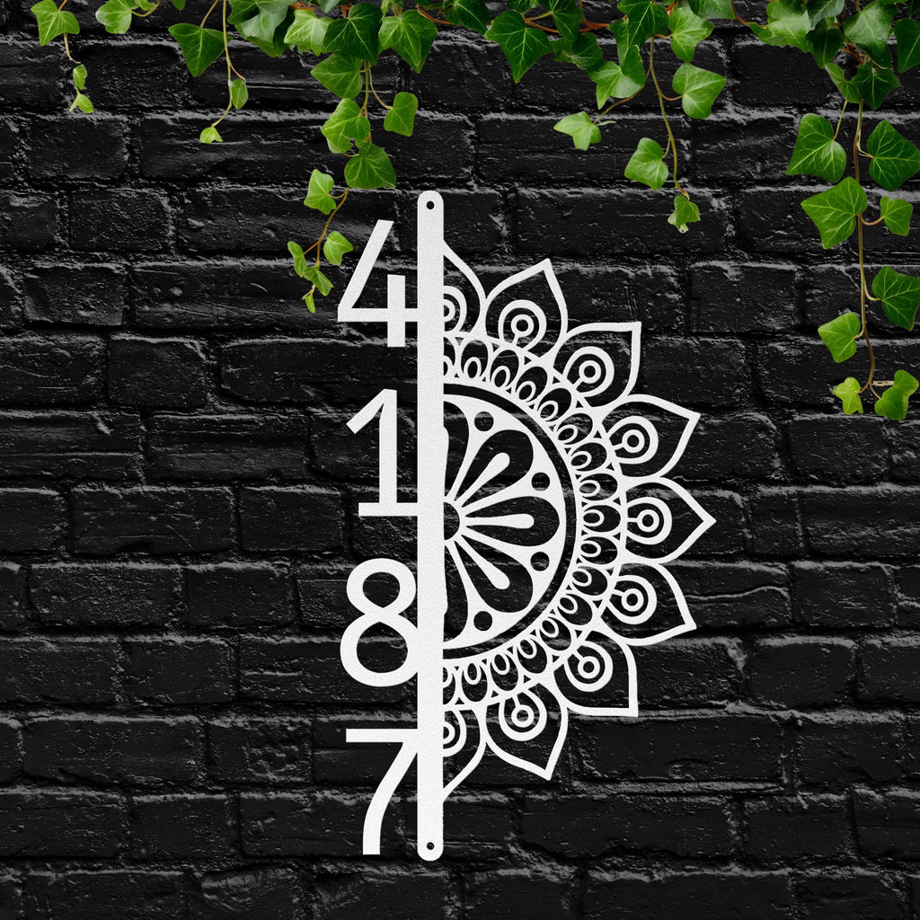 Vertical House Numbers Metal Sign, Half Mandala Address Plaque