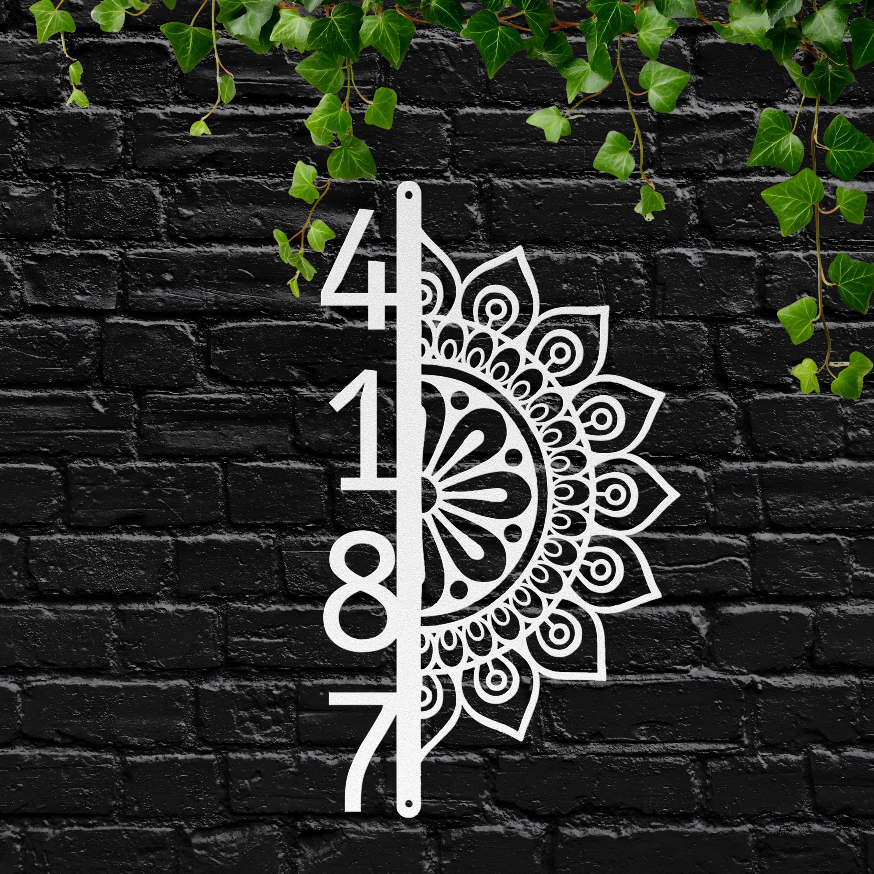 Vertical House Numbers Metal Sign, Half Mandala Address Plaque