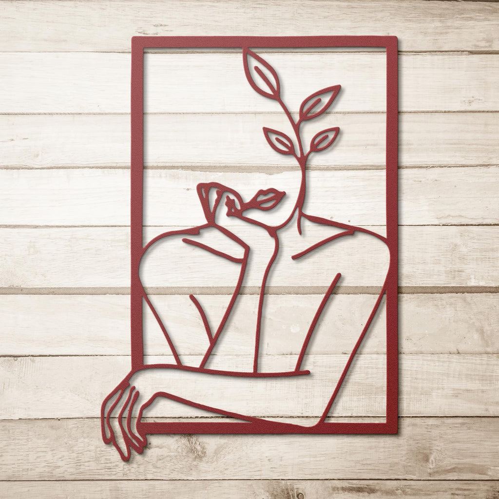 Abstract Woman Face Metal Wall Art, Minimalist Line Drawing, Botanical Plant Decor, Modern Feminine Art, Above Bed Art Gift