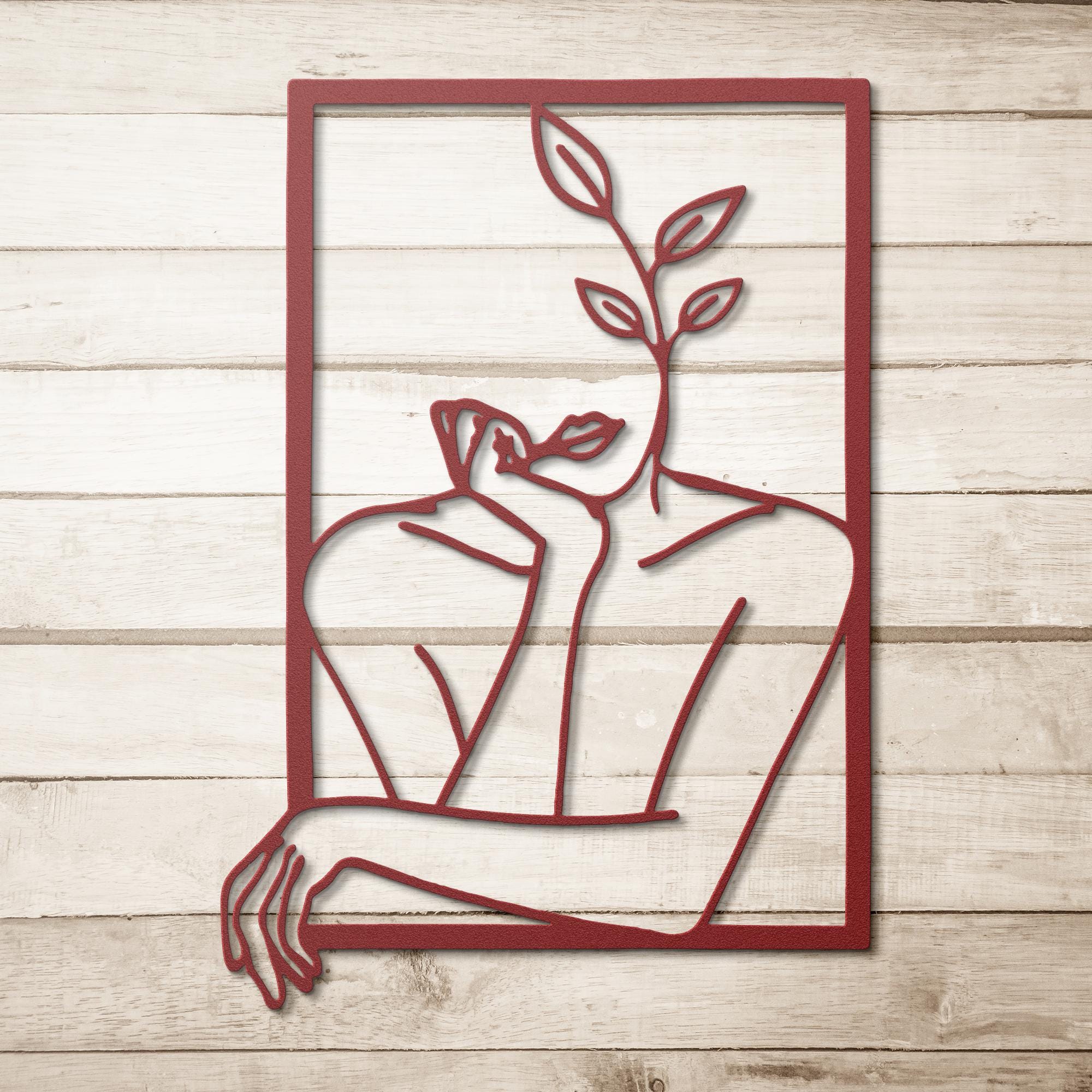 Abstract Woman Face Metal Wall Art, Minimalist Line Drawing, Botanical Plant Decor, Modern Feminine Art, Above Bed Art Gift