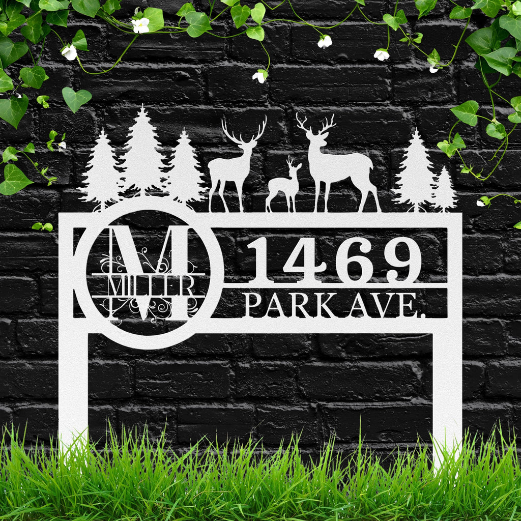 Deer Family Monogram Address Sign, Personalized Metal Yard Stake, Custom House Number Plaque, Woodland Rustic New Home Gift