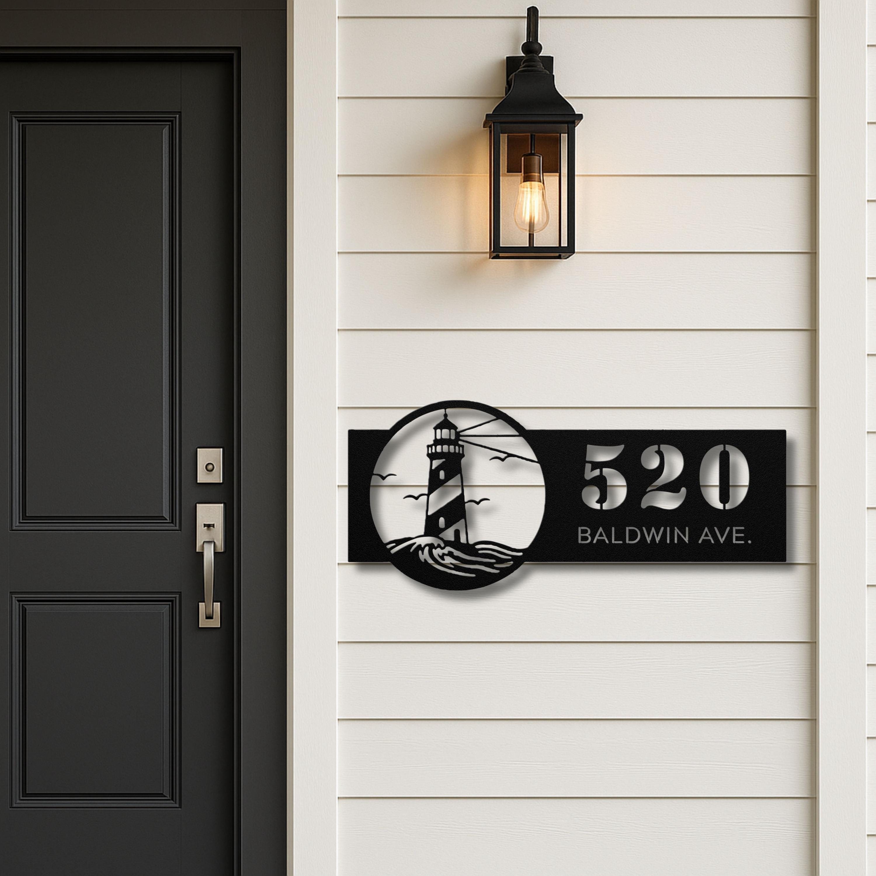 Personalized Lighthouse Address Metal Sign | Custom Number and Street Coastal Home Decor | Die-Cut Beach Gift