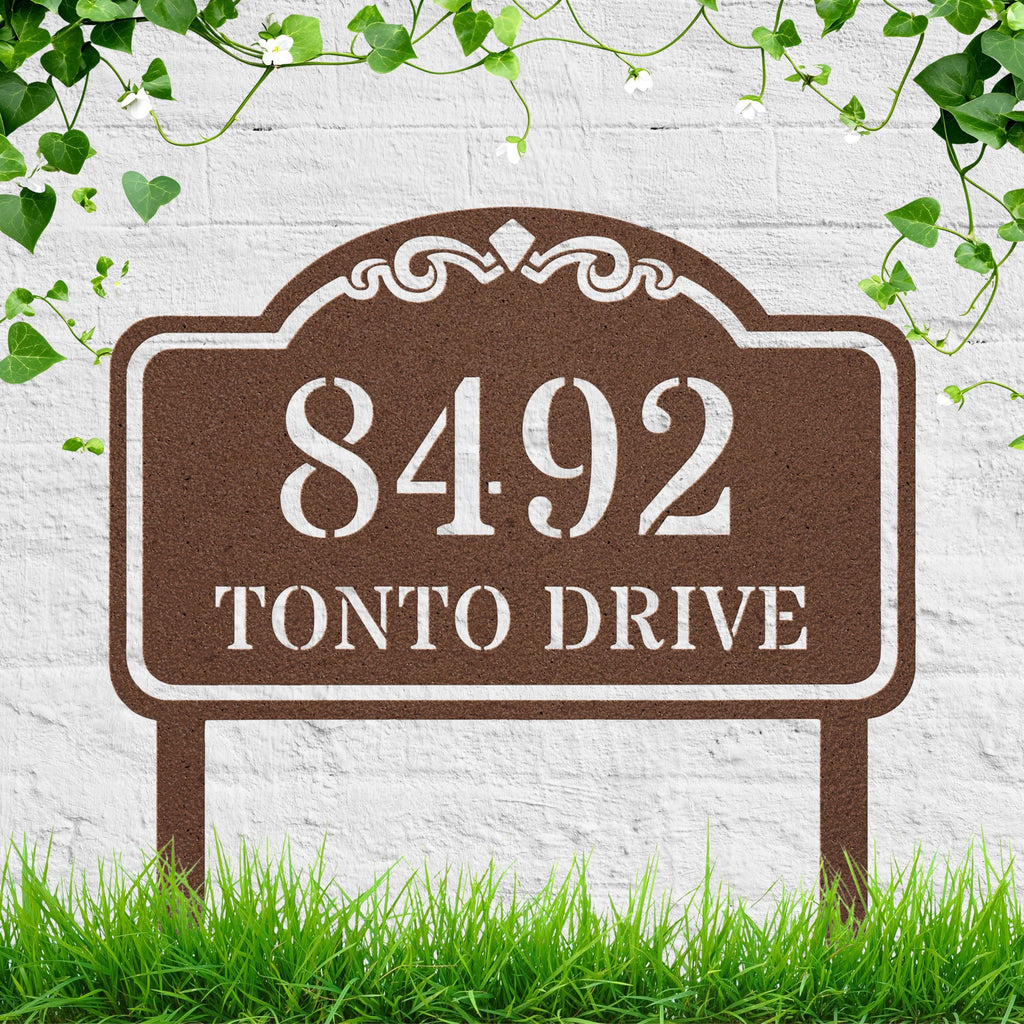 Classic Stenciled Metal Address Sign, Personalized Die-Cut House Number Plaque, Custom Yard Stake, Elegant Home Exterior Decor