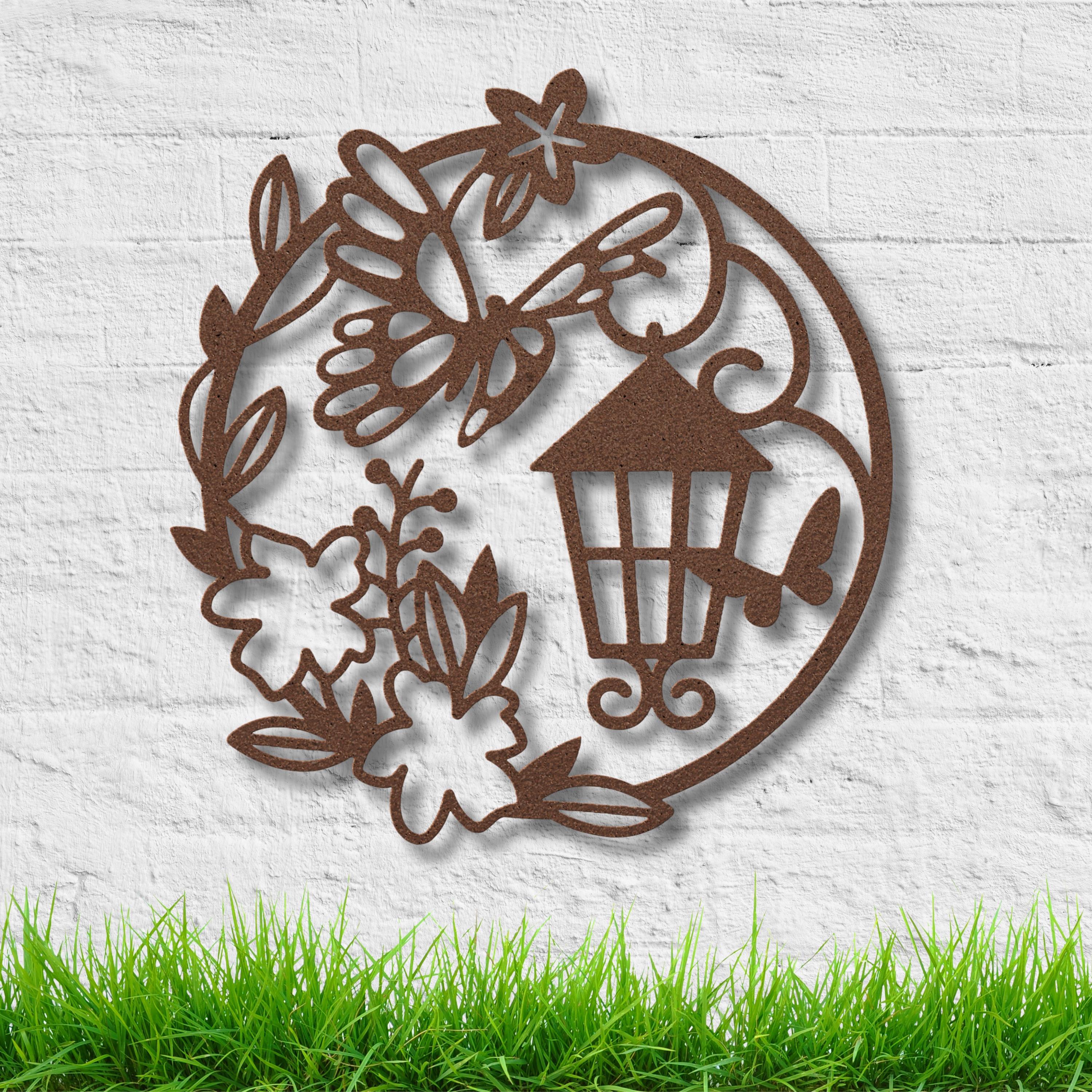 Lantern Butterfly Flower Metal Wall Art, Die-Cut Night Garden Sign, Black Circular Decor, Cottage Core Aesthetic Gift