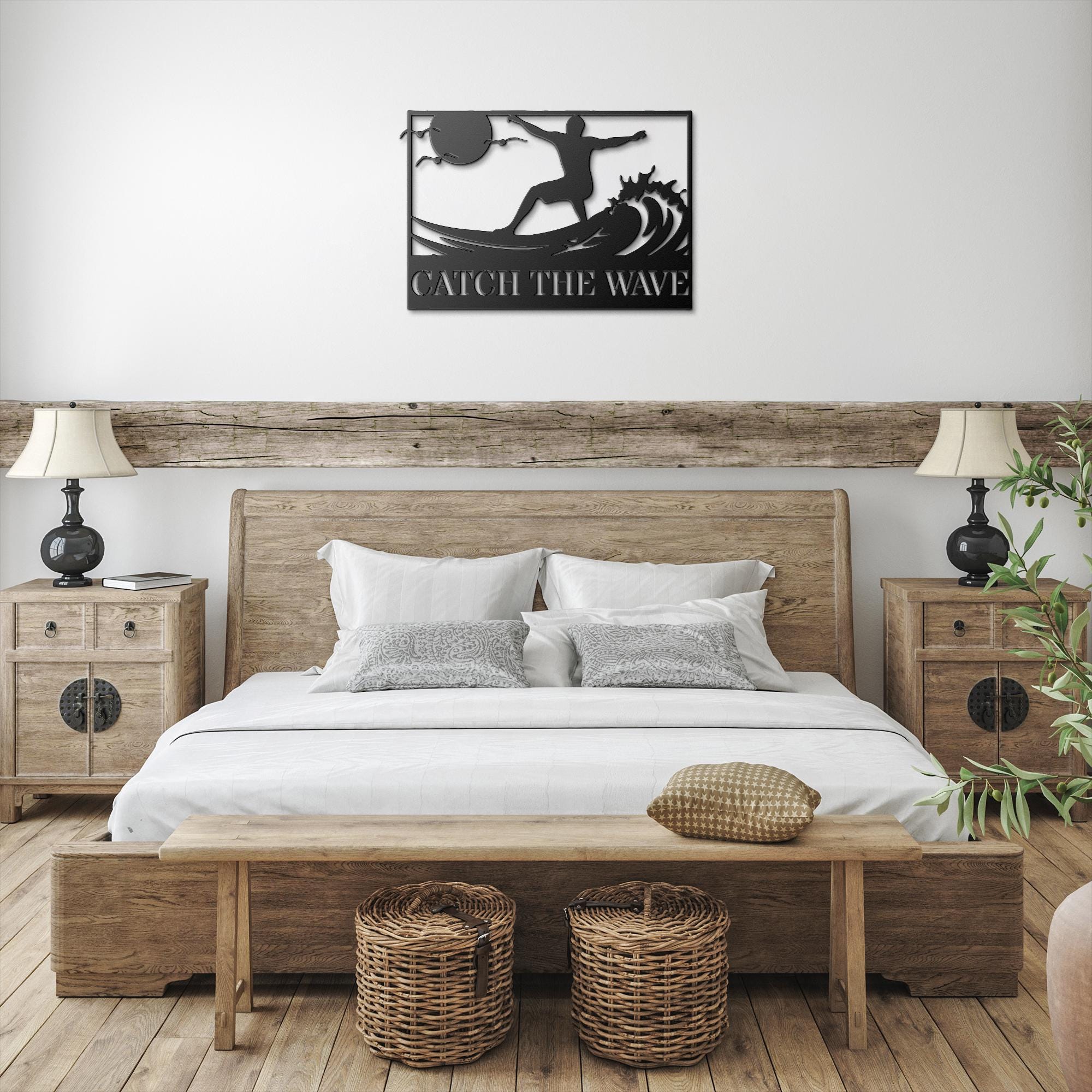Personalized Catch The Wave Metal Sign, Surfer Wall Art, Beach House Ocean Decor