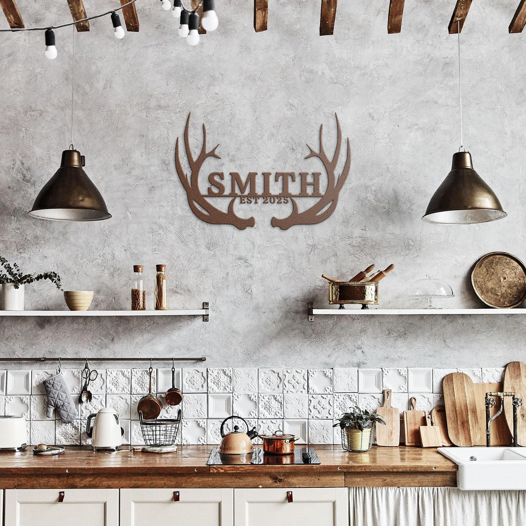 Personalized Antler Sign - Custom Family Name Metal Wall Art | Rustic Cabin Decor Gift