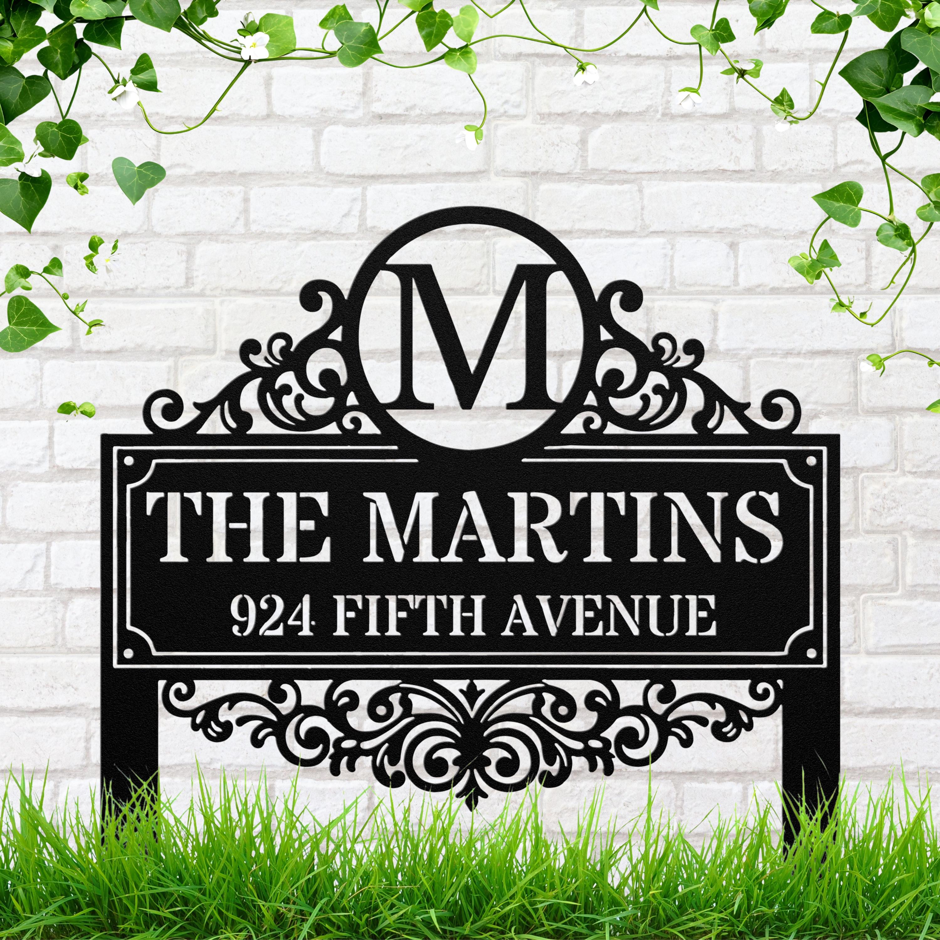 Monogram Metal Address Plaque, Personalized Family Name House Sign, Custom Elegant Home Decor Yard Stake