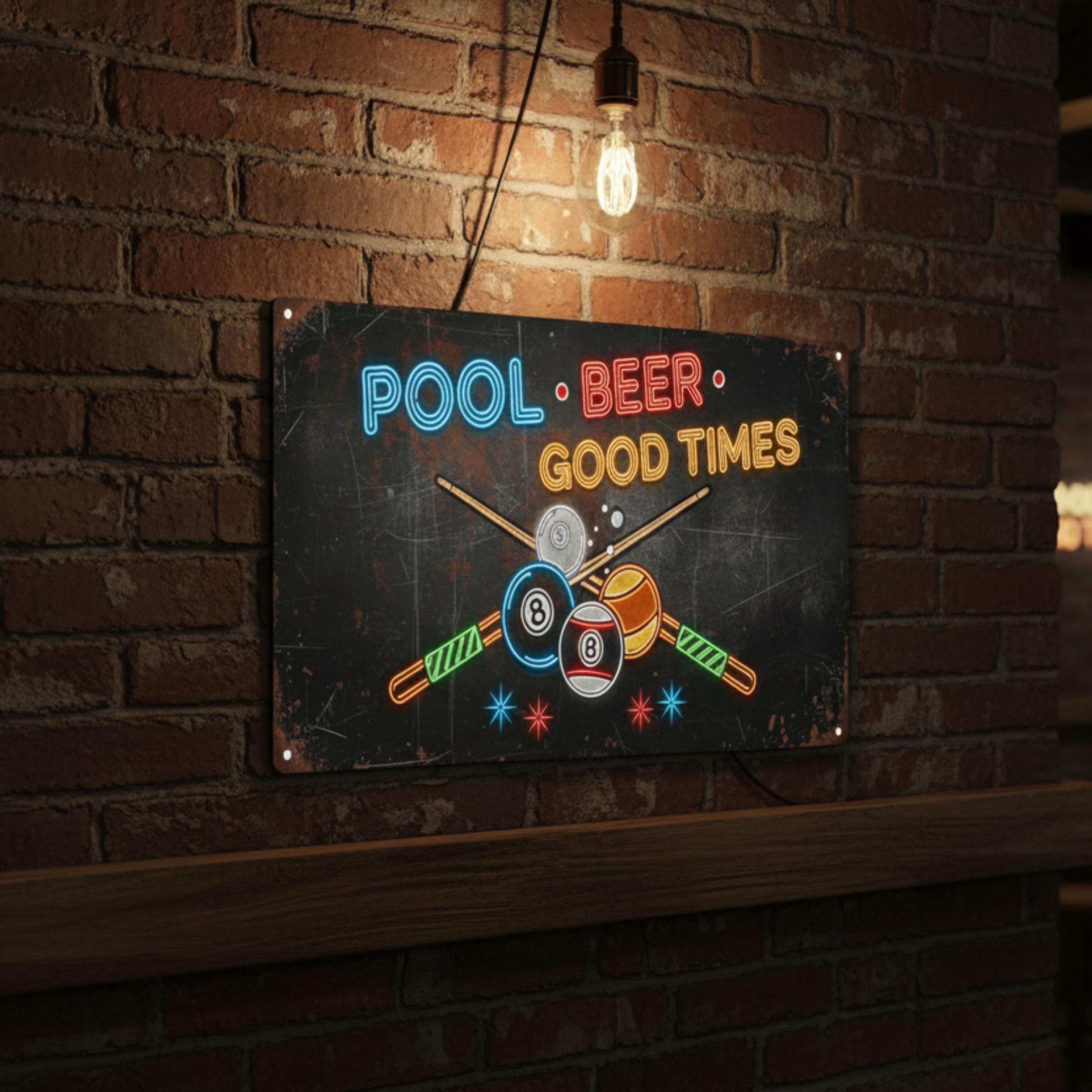Pool Beer Good Times Neon Metal Sign | Vintage Man Cave Decor