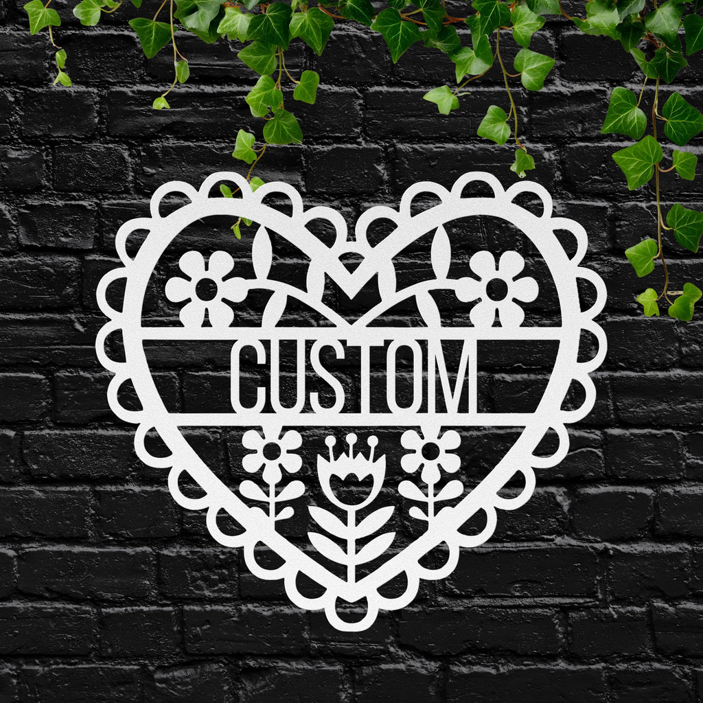 Custom Folk Art Heart Sign | Personalized Floral Metal Art | Die-Cut Scallop Decor | Scandinavian Style Wall Hanging