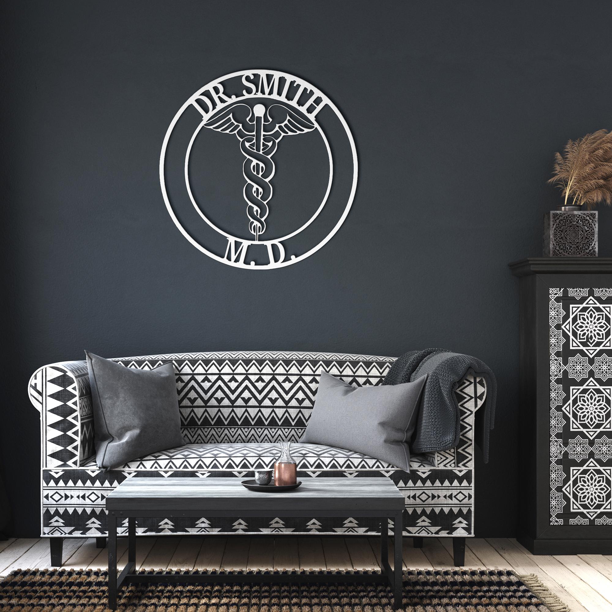 Personalized Metal Sign | Custom Doctor Sign with Steel Caduceus Emblem & Medical Office Decor