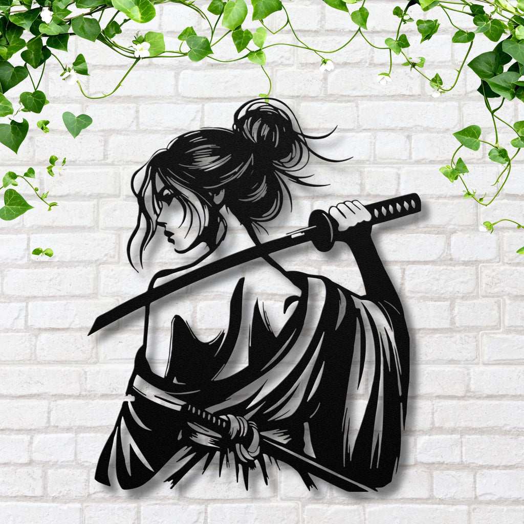 Samurai Woman Metal Wall Art, Katana Sword Die Cut Sign