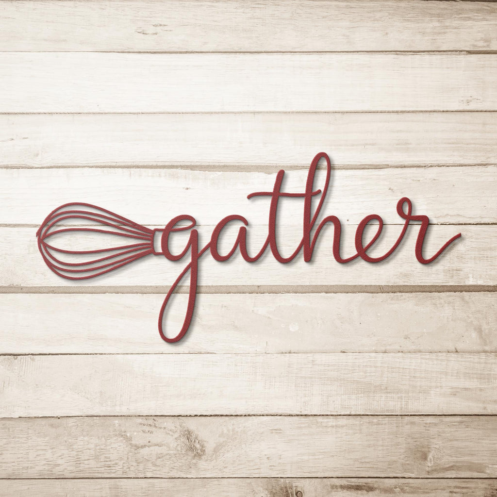 Gather Whisk Metal Wall Art | Kitchen Die Cut Sign, Farmhouse Decor, Cooking & Baking Gift, Script Word Sign