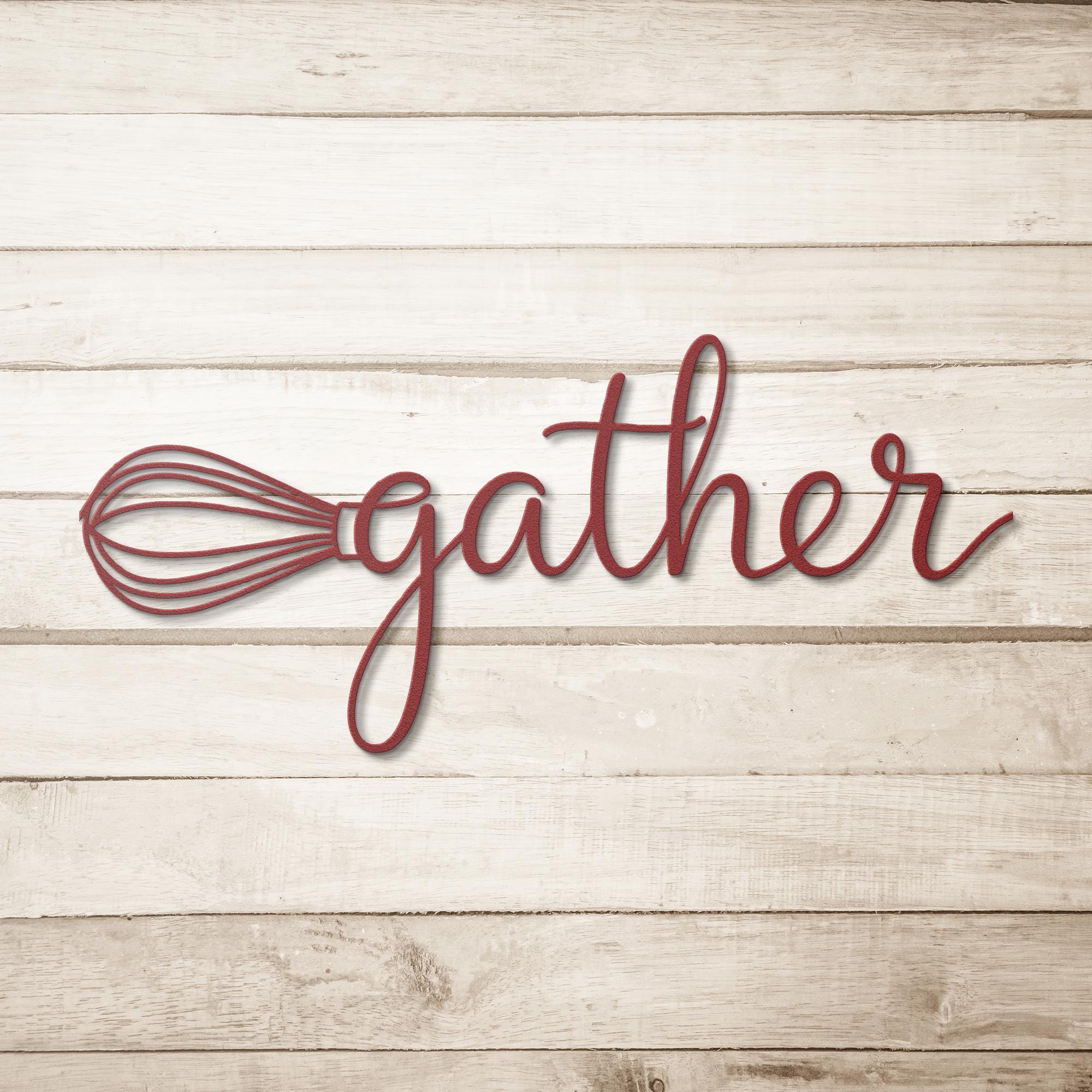 Gather Whisk Metal Wall Art | Kitchen Die Cut Sign, Farmhouse Decor, Cooking & Baking Gift, Script Word Sign