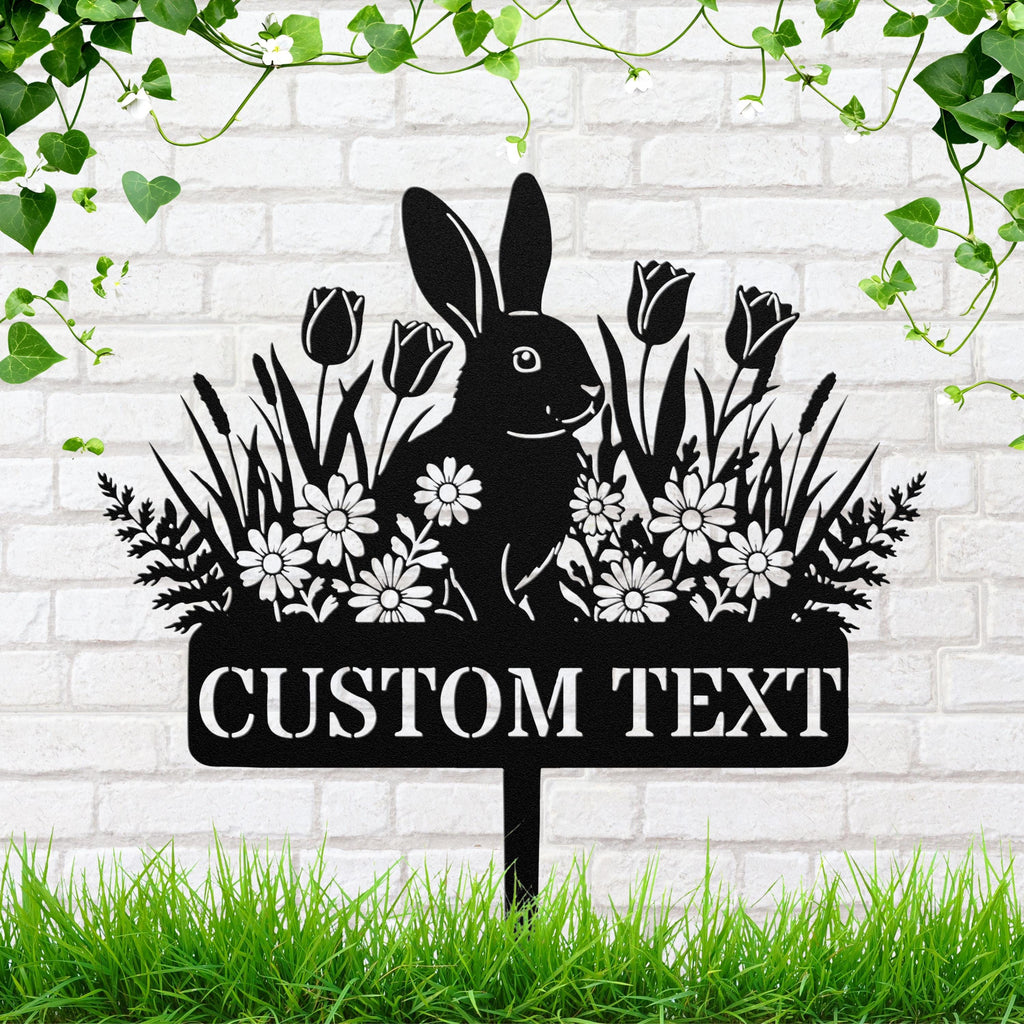 Custom Rabbit Garden Stake, Personalized Metal Yard Sign, Bunny Flower Die Cut Decor