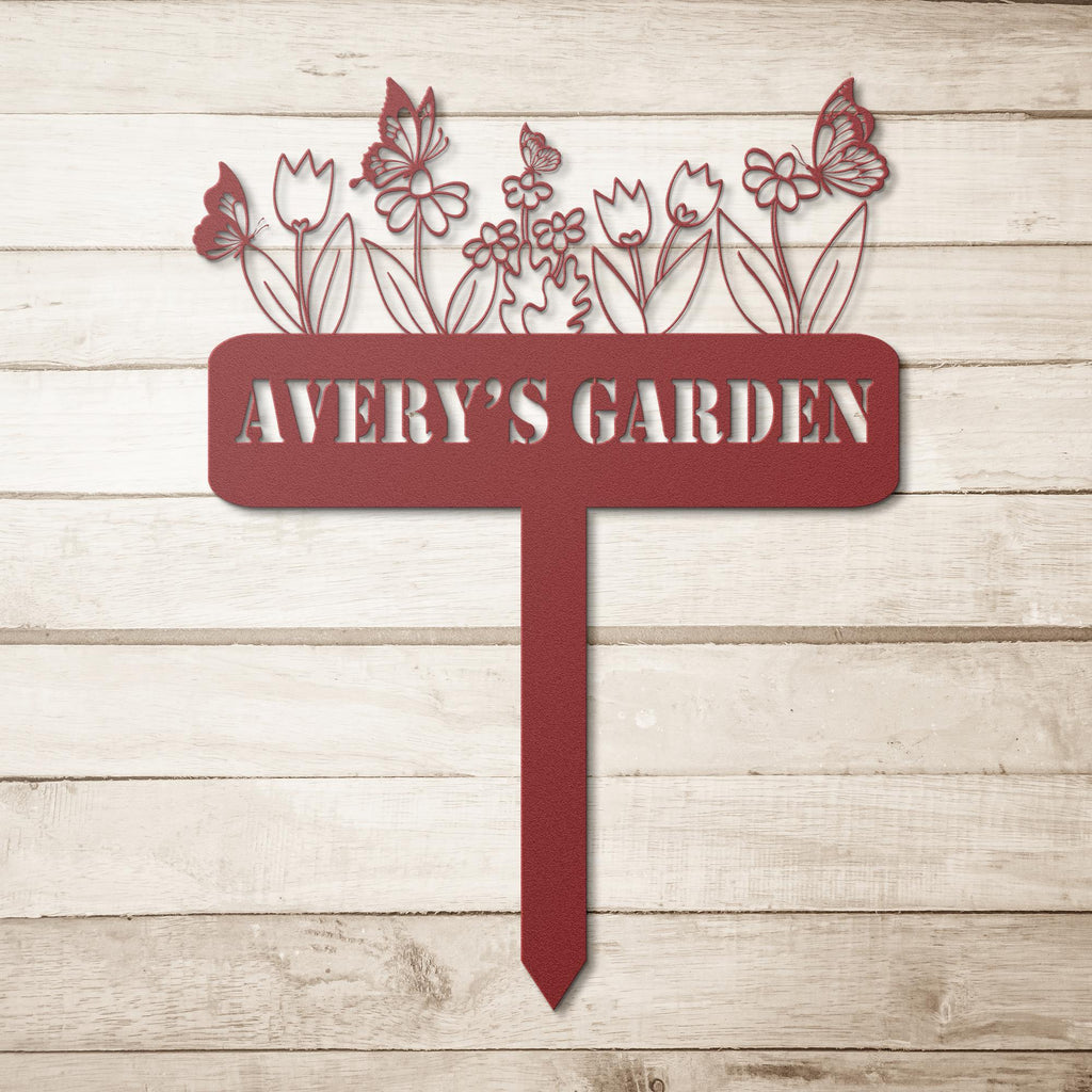 Custom Metal Garden Sign: Butterflies & Flowers, Personalized Name Plate