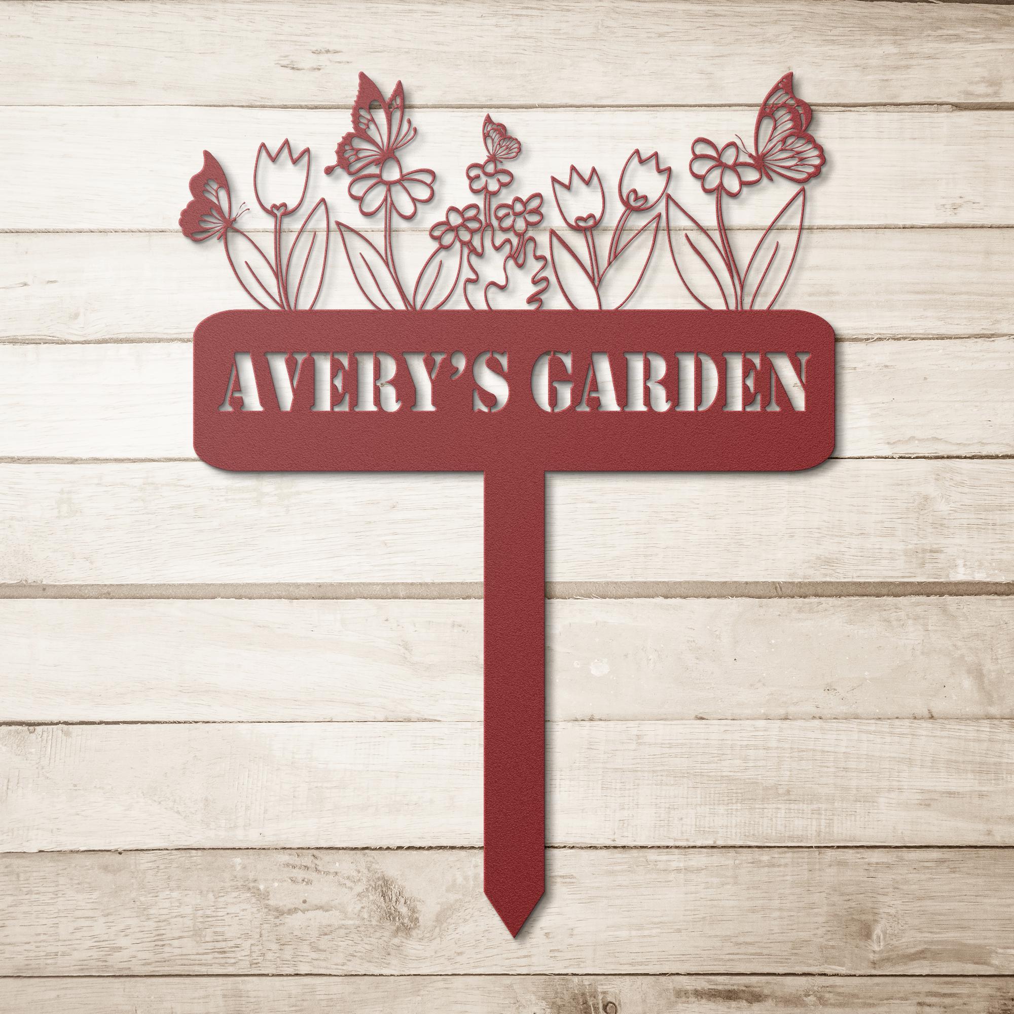Custom Metal Garden Sign: Butterflies & Flowers, Personalized Name Plate