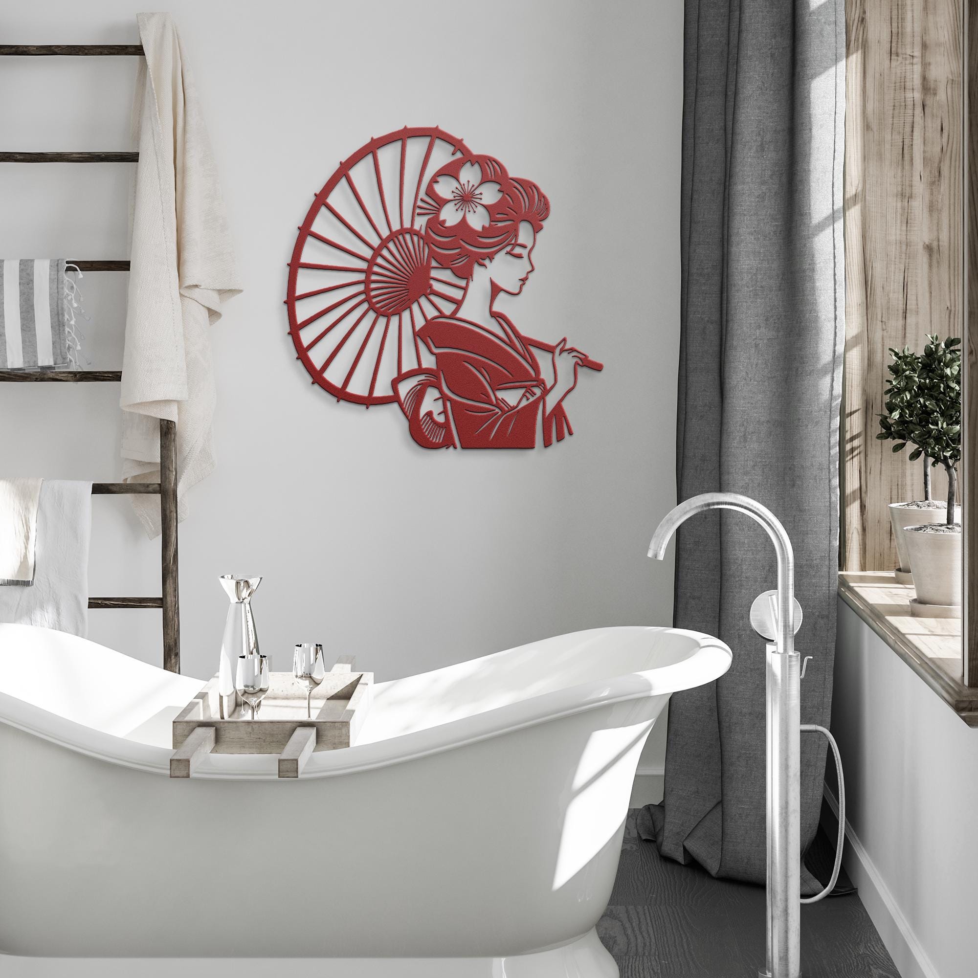 Geisha Metal Die-Cut Sign | Japanese Wall Art | Woman with Umbrella Silhouette | Elegant Asian Home Decor | Laser Cut Art