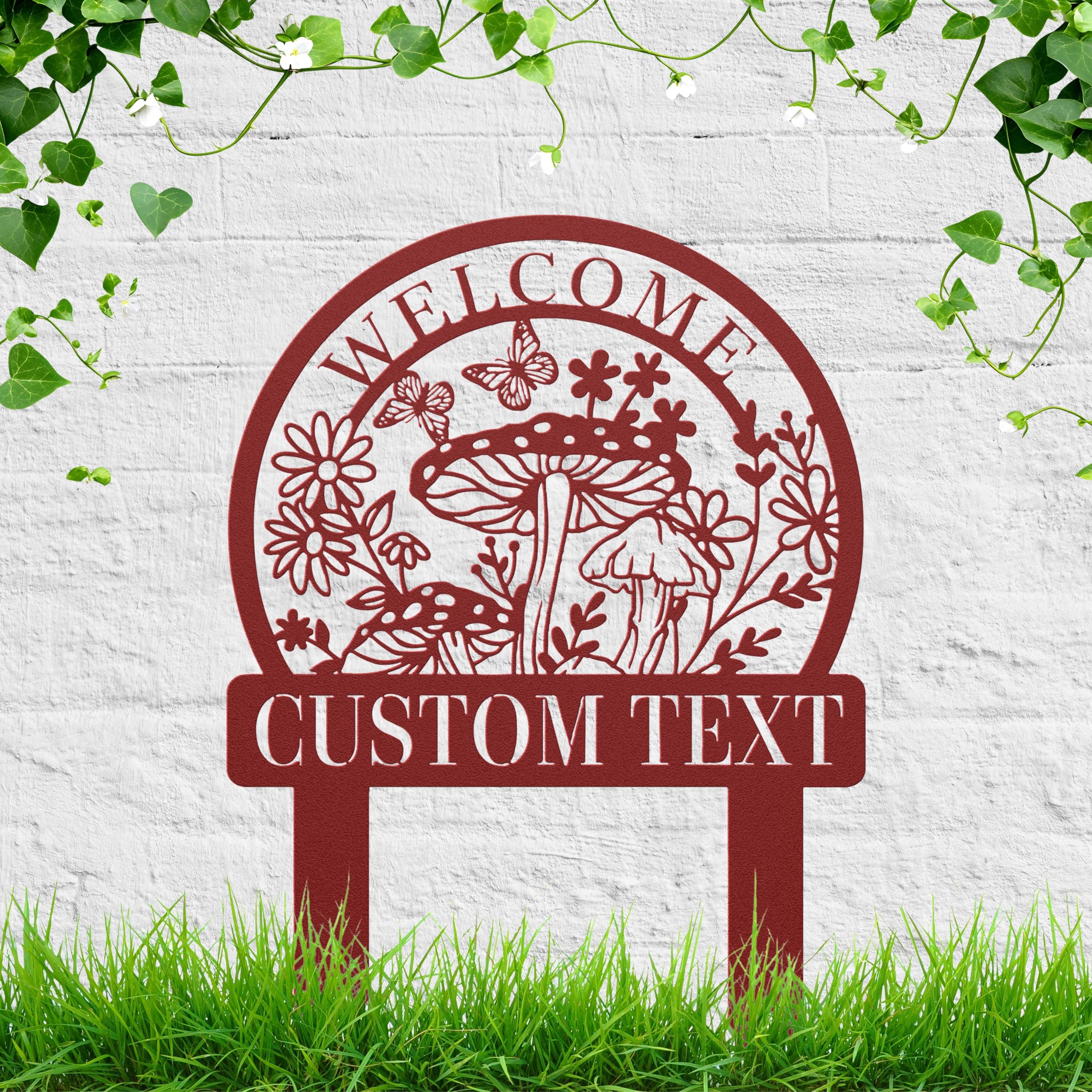Personalized Welcome Mushroom Metal Sign, Butterfly Garden Stake, Custom Outdoor Gift