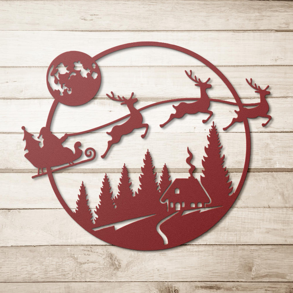 Santa Sleigh Metal Sign | Flying Reindeer Christmas Decor | Cabin Winter Scene | Round Holiday Die-Cut Wall Art