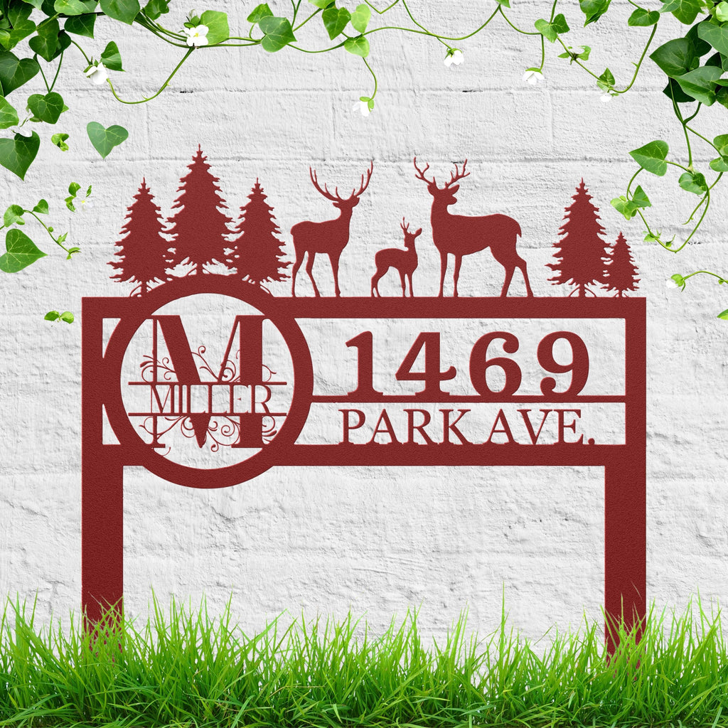 Deer Family Monogram Address Sign, Personalized Metal Yard Stake, Custom House Number Plaque, Woodland Rustic New Home Gift