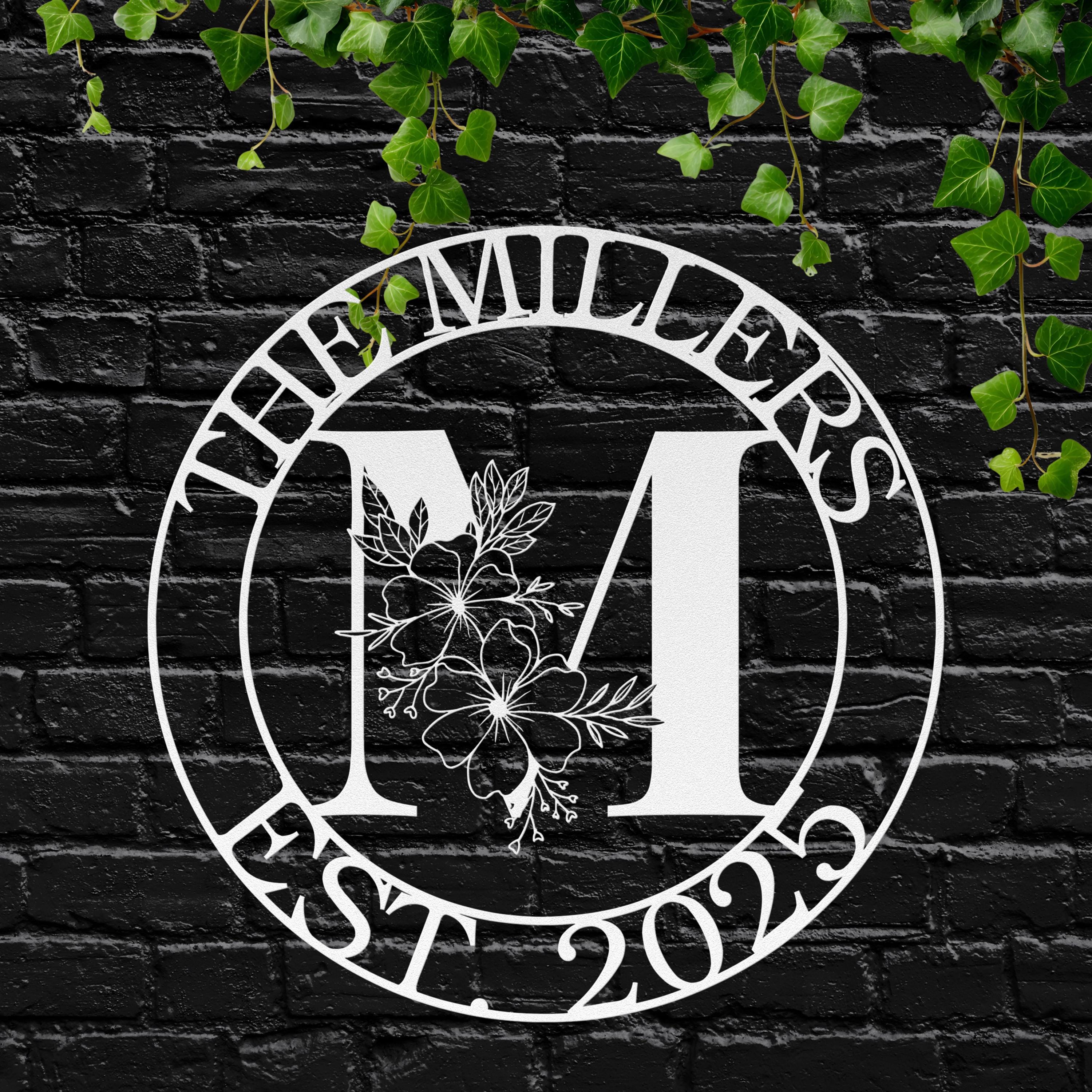 Custom Floral Monogram Metal Sign, Circular Family Name Art, Est. Date Wedding Gift, New Home Die-Cut Metal Decor