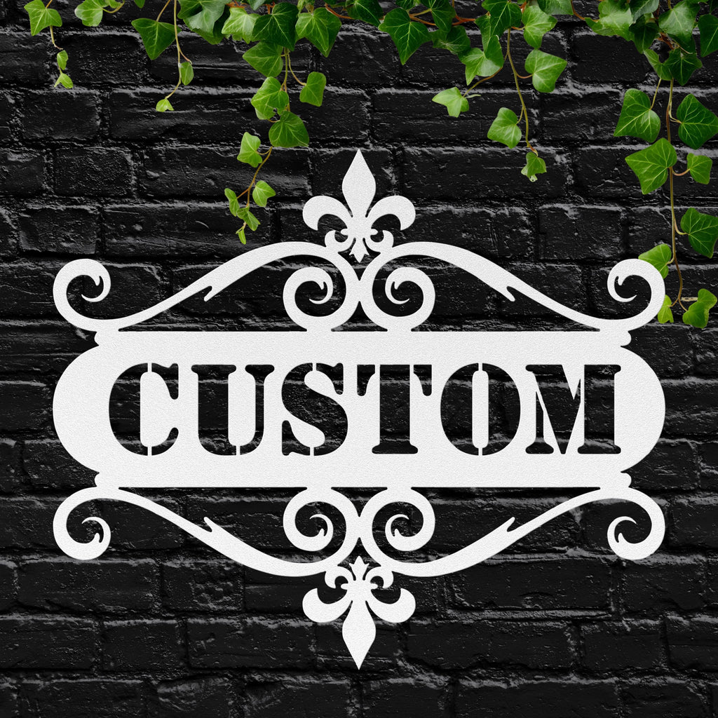 Custom Metal Sign | Personalized Name Sign With Fleur De Lis Monogram & Scroll Frame
