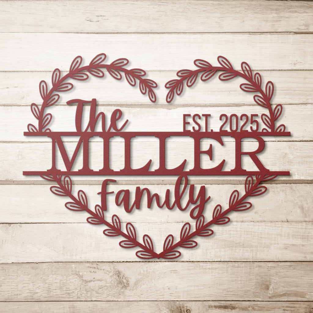 Custom Family Last Name Monogram Sign: Heart Wreath Metal Wall Art, Housewarming Gift