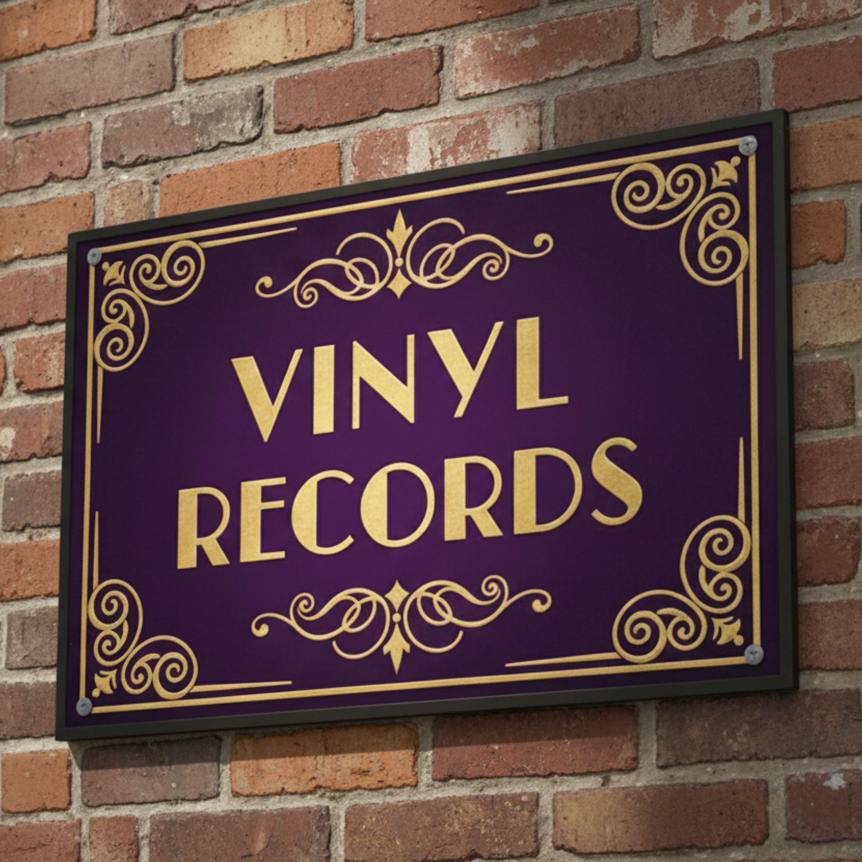Vinyl Records Metal Sign, Vintage Music Store Decor, Retro Record Shop Art, Purple and Gold Plaque, Man Cave Wall Hanging